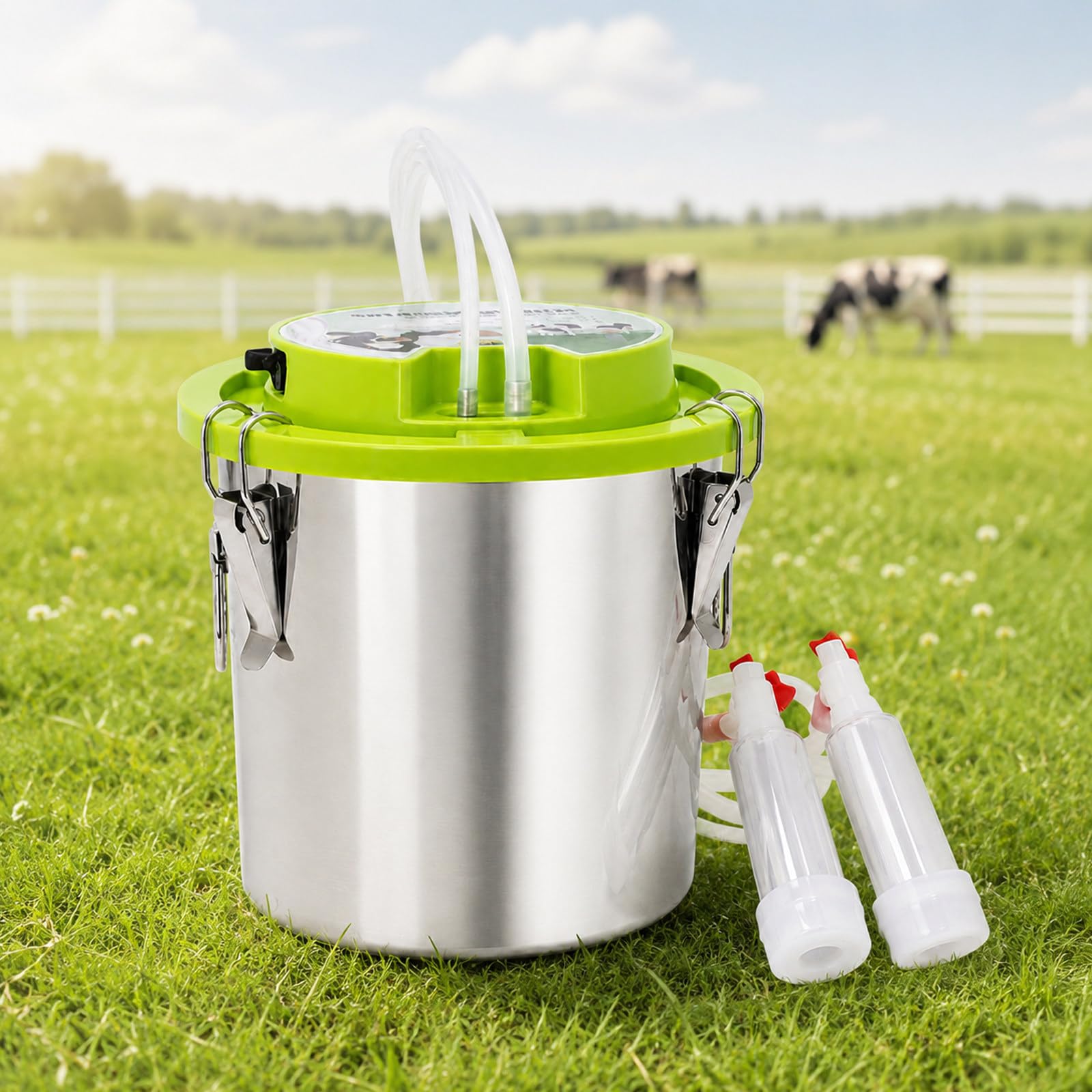 richigblosmum Portable Cow Milking Machine for Cows & Goats, Integrated Goat Milker Machine with 8L/12L/16L Stainless Steel Bucket, 48W Pulsation, Auto Stop, Easy Carry for Farm Use Sheep-8L