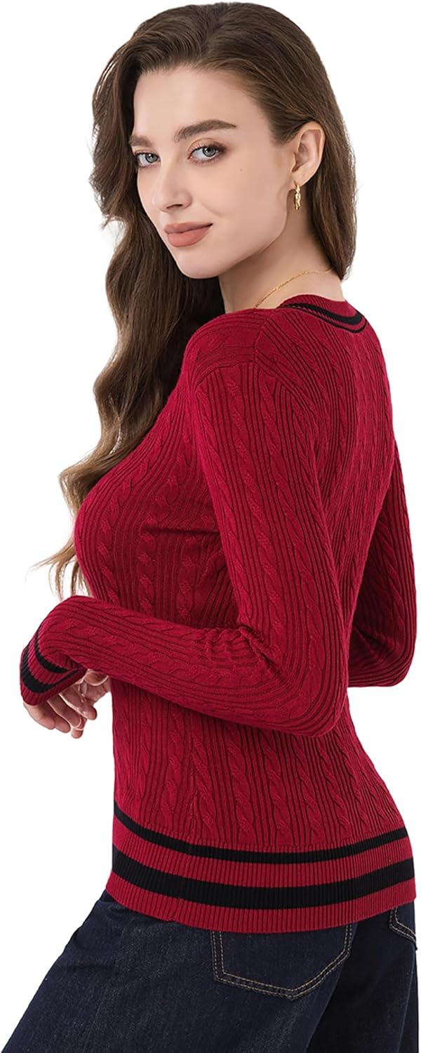 AmélieBoutik Women Casual V Neck Long Sleeve Preppy Sweater Trendy Striped Cable Knit Blouse Tops - Image 2