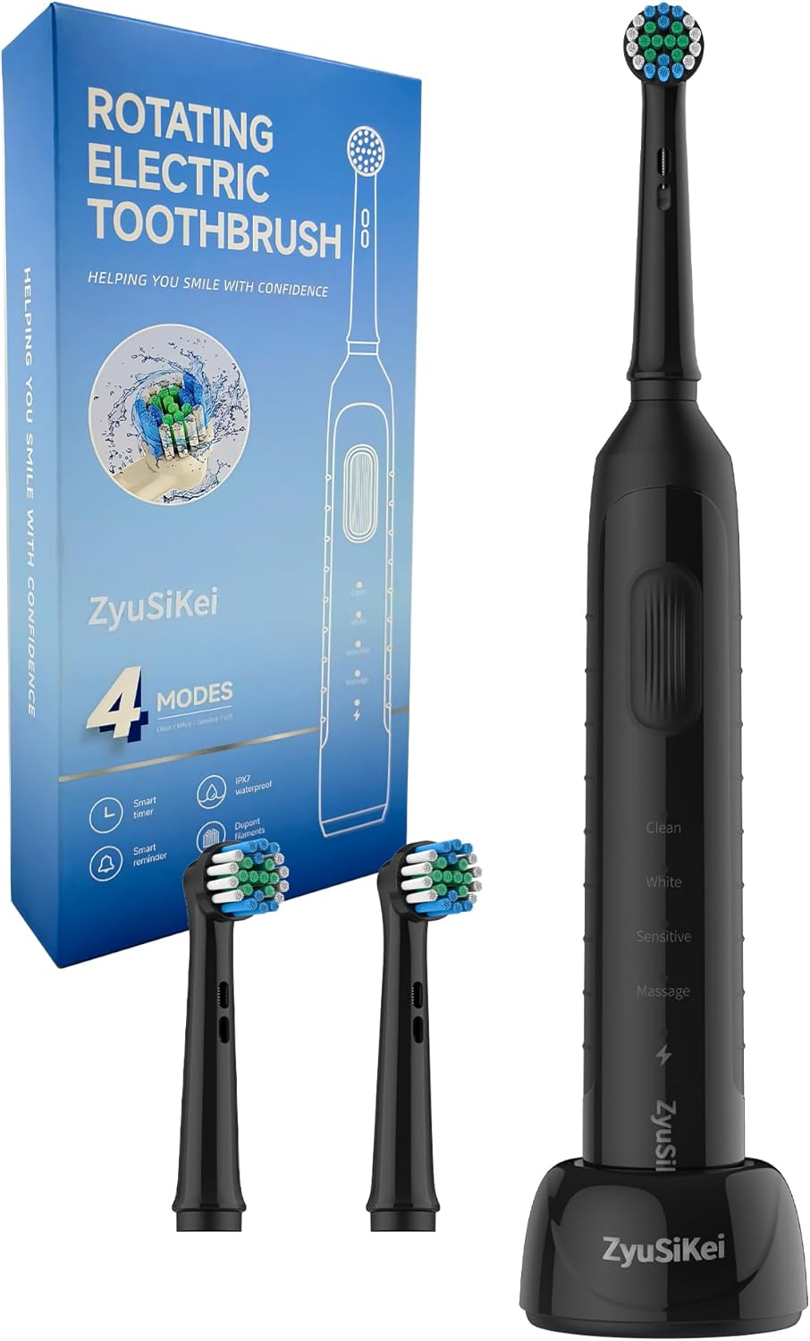 Rotating Electric Toothbrush for Adults with 4 Modes, Round Head and USB Charging Base - for Sensitive Gums, IPX7 Waterproof (Black)