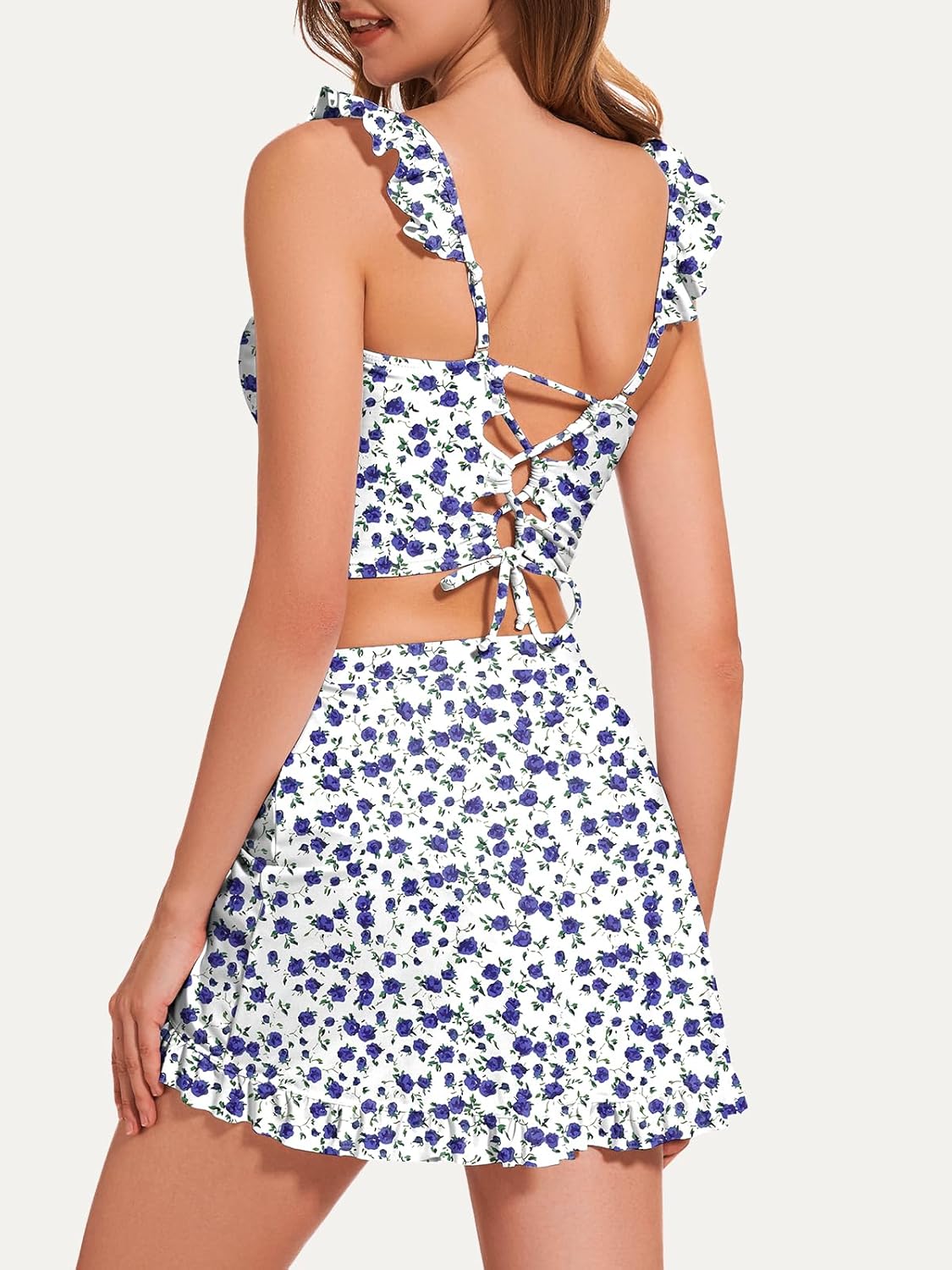 Tankini Swimsuits for Women Two Piece Suit with Skirt Tummy Control Bathing Suits Floral Tankini Set with High Waist