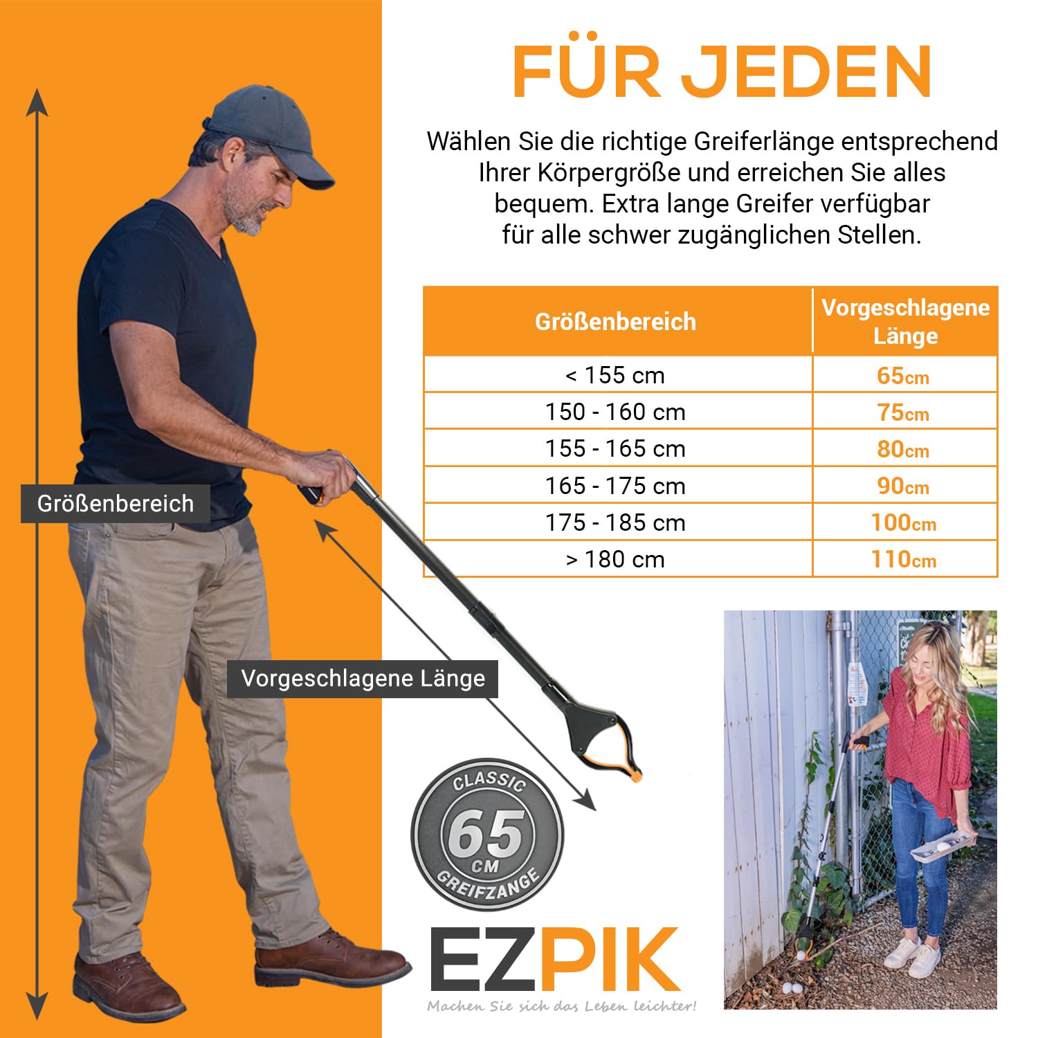 EZPIK 1 x 66 cm Greifer für Senioren mit Magnet-Greifarm, Robuste Greifzangen für Senioren, Menschen mit Behinderungen, Drehbare Müllgreifer Zange, Gehilfe mit Befestigungsclip (1er-Pack, Schwarz)