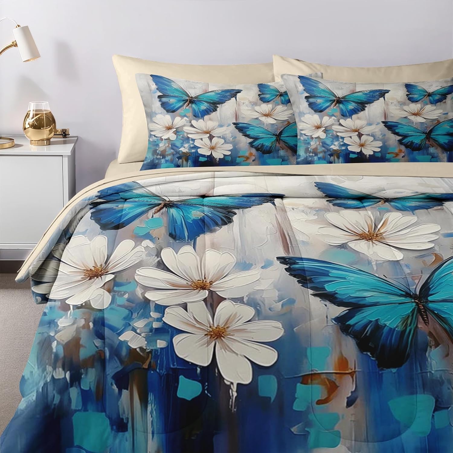 Nesker Comforter Set Queen Size, Dream Blue Butterfly Flowers 7 Pcs Bedding for Kids and Adults, Beautiful Oil Painting Bed Sheet Sets with Fitted Sheet 2 Pillowcases & 2 Shams