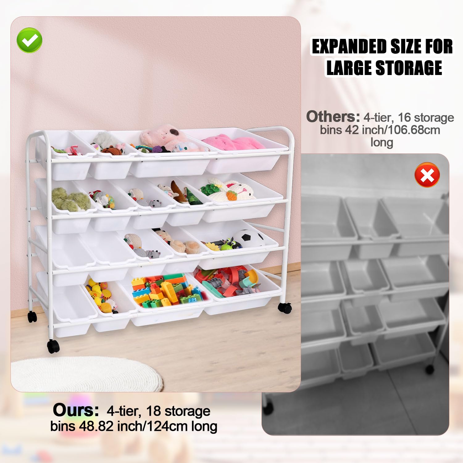 Organizador Almacenamiento Juguetes Niños, Estante Juguetes 4 Niveles con 18 Contenedores Plástico Caja Soporte Estantería Niños Estante Organizador Almacenamiento Muñecas para Guardería