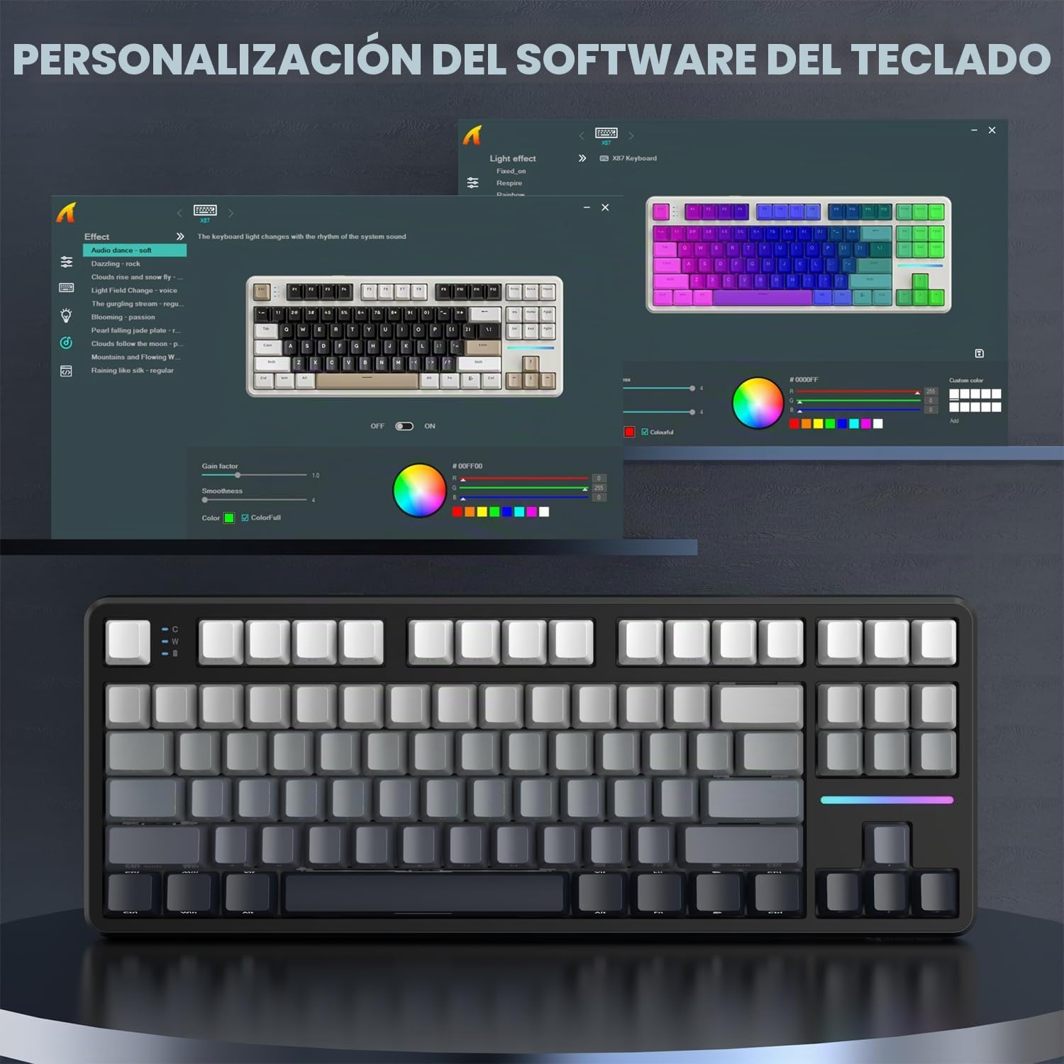 ATTACK SHARK X87 Lateral Grabado RGB Inalámbrico Teclado Mecánico Gaming | BT5.0/2.4G/USB-C,Hot-Swap, Gasket Diseño 80% y Teclas PBT,4000mAh, Interruptor Lineal Pre-lubricado, para PC/MAC-Negro Blanco