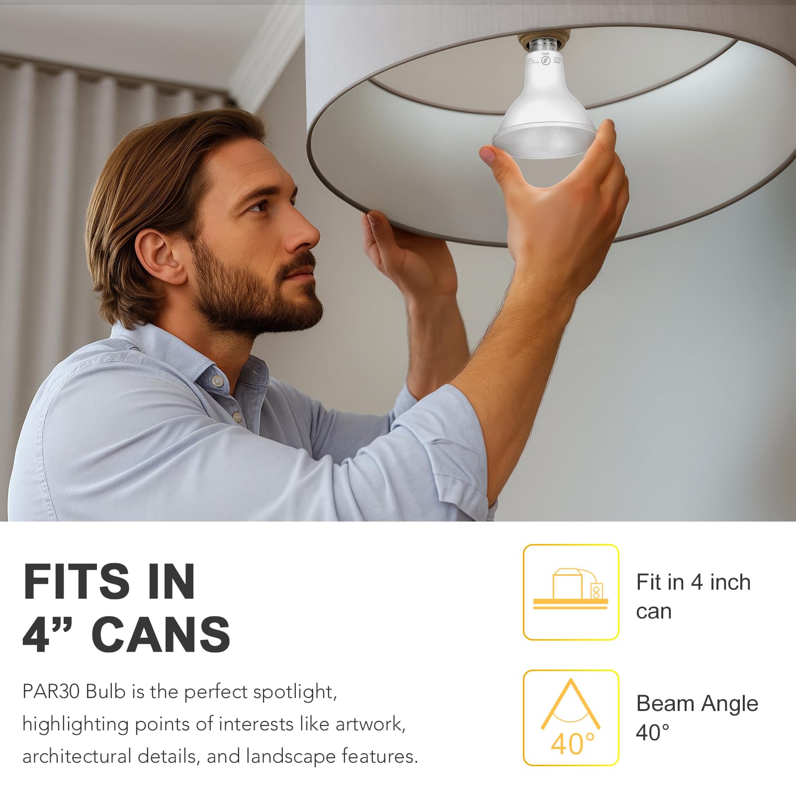 PAR30 LED Bulbs UL Listed, Dimmable Light Bulb, 11 Watt(75W Equivalent) Spotlight, E26 Base, 3000K Warm White Flood Light Bulbs for Living Room Kitchen Hotels Showroom, Indoor/Outdoor (6 Pack)