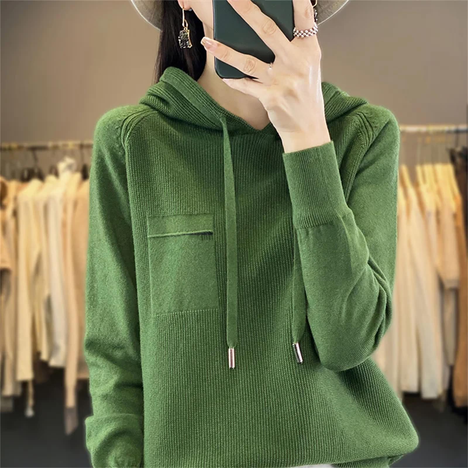 Felpa con cappuccio da donna con cappuccio in maglia maglione invernale da donna con cappuccio in cashmere arancione, Arancione, L