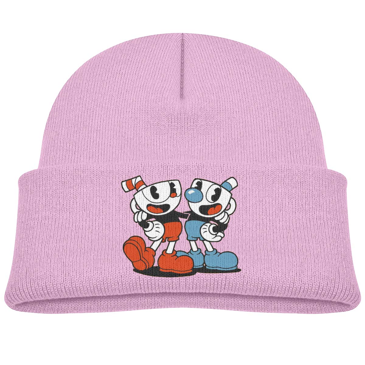 Soft Baby Cap Knitted Hat for Baby with Cute Cuphead and Mugman Pattern Pink