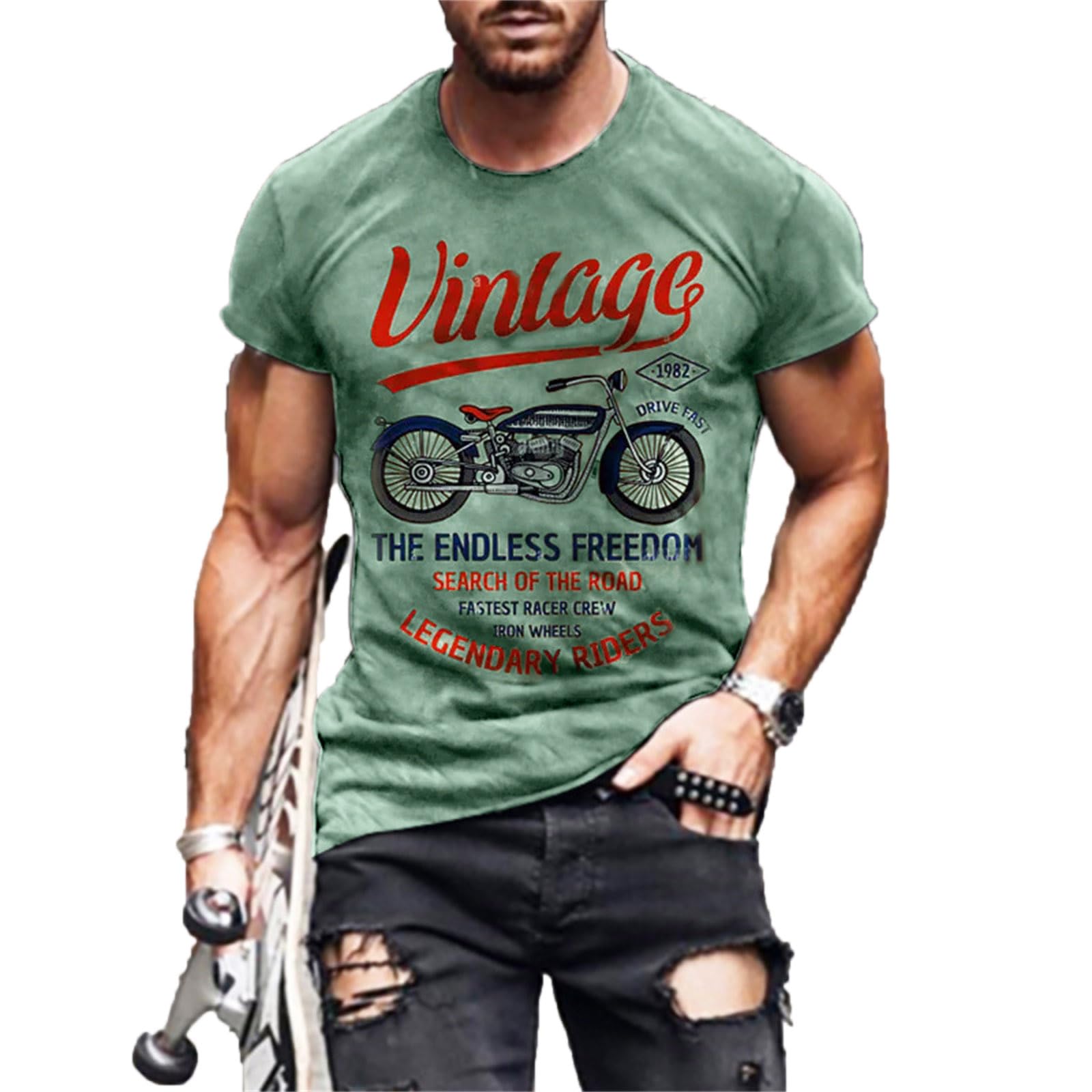 Famesale Men's # 4 Vintage Motorcycle Print T-Shirt Summer Hip Hop Retro Graphic 3D Printed Short Sleeve Tee Shirt Tops