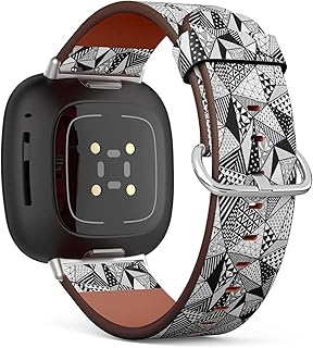 CJBROES Replacement Leather Watch Band, Compatible with Fitbit Versa 3 and Fitbit Sense of Wristband Bracelet Accessory - Black White Doodle