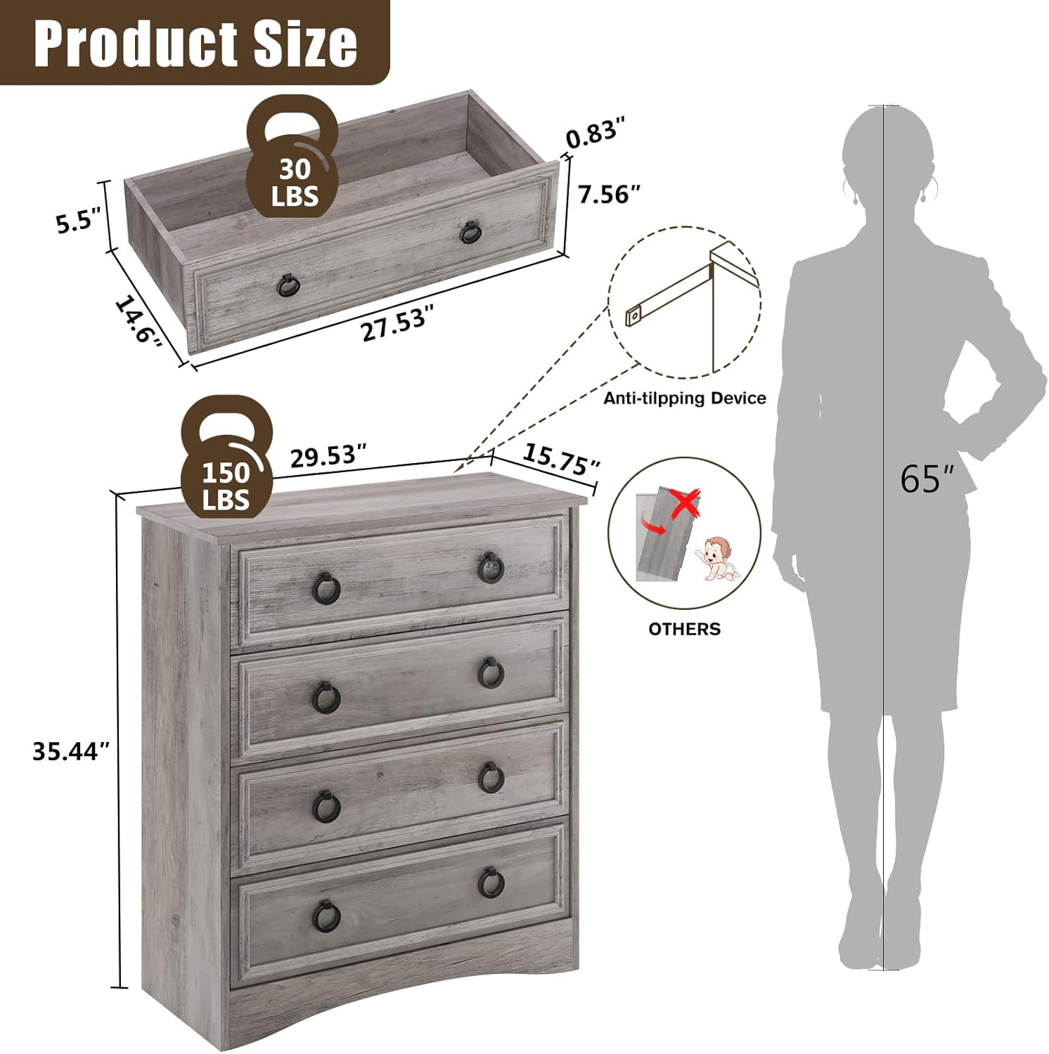 LGHM Dressers for Bedroom with 4 Drawers,Modern 4 Drawer Dresser with Textured Borders, Chest of Drawers Closet Organizers and Storage Clothes - 6" Deep Drawer for Bedroom, Living Room, Gray - Image 3