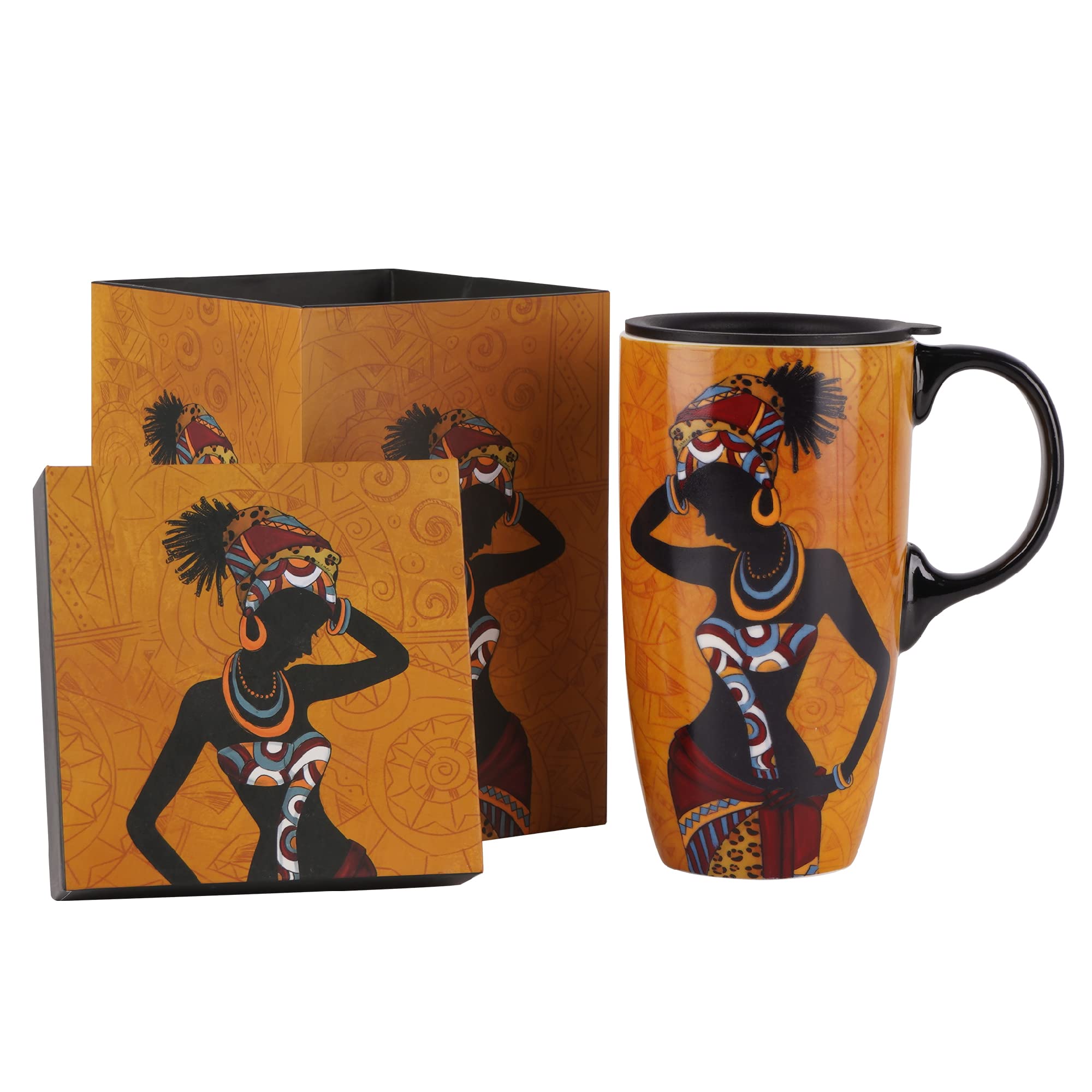 Sponsored Ad - Topadorn Ceramic Coffee Mug Travel Cup Gift with Lid 17oz., Porcelain Tall Tea Cup with Handle for Home & Office, Black Woman Art Pattern Mug with Gift Box, 6.5" H