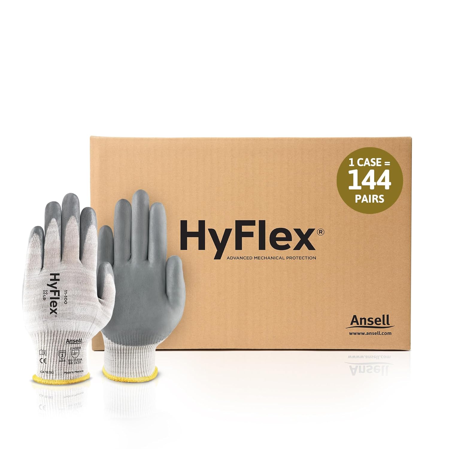 Ansell HyFlex 11-100 Cut-Resistant Industrial Safety Nylon Gloves w/Touchscreen Compatibility for Auto, Manufacturing, Machinery - Size 9, Grey (144 Pairs)