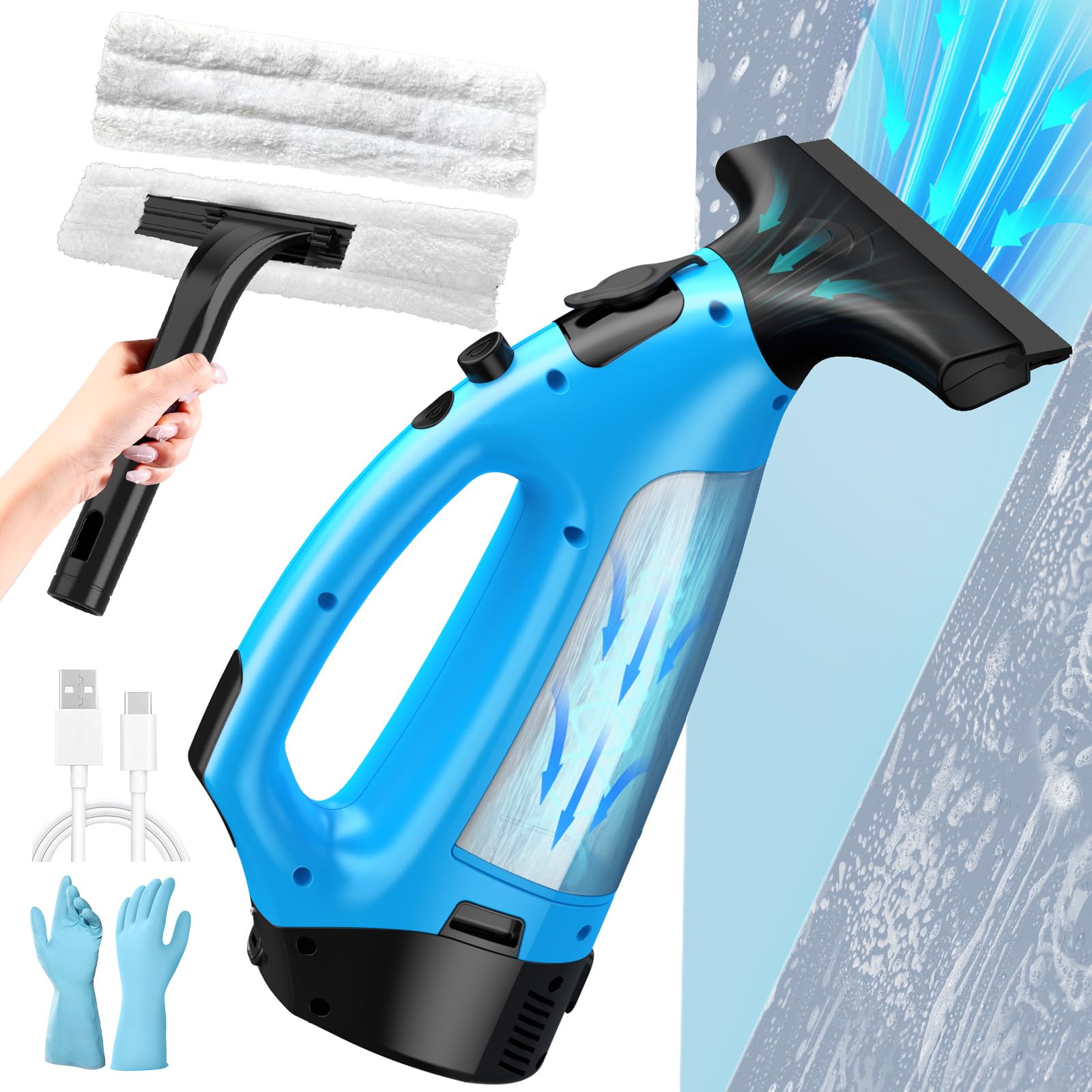 3-in-1 Rechargeable Squeegee with 10in Blade, Cordless Window Vacuum Cleaner Set to Spray, Wipe & Suck Up, Perfect for Mirrors, Glass, Tile, and Countertops