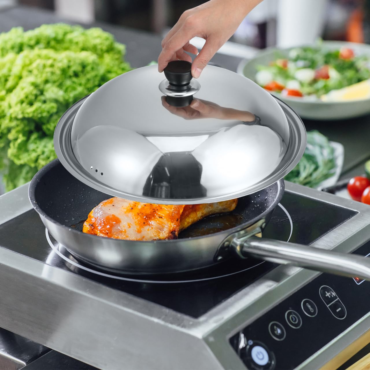 CALLARON Cubierta universal para ollas, tapa de vapor, tapa universal, tapa de olla de 14 pulgadas, tapa para sartén, tapas de wok, tapa de sartén plateada, tapa de olla de cúpula de tocino,