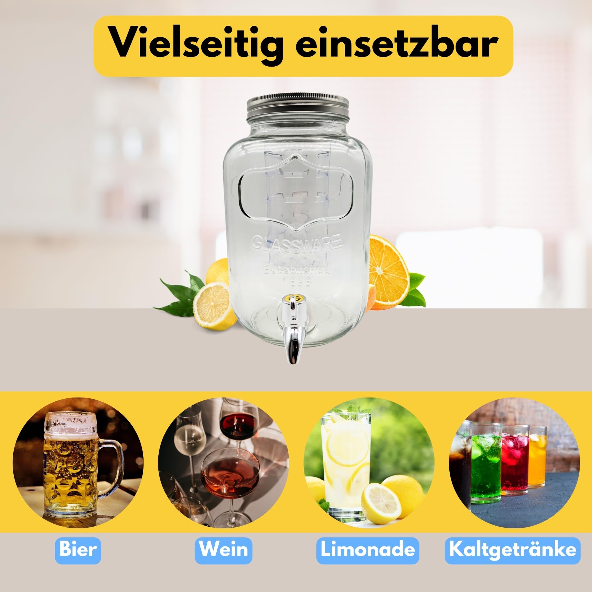 Getränkespender 4 Liter aus Glas Saftspender mit Zapfhahn und Fruchteinsatz ideal für Limonaden Wasserspender & GRATIS HLKauf-Block