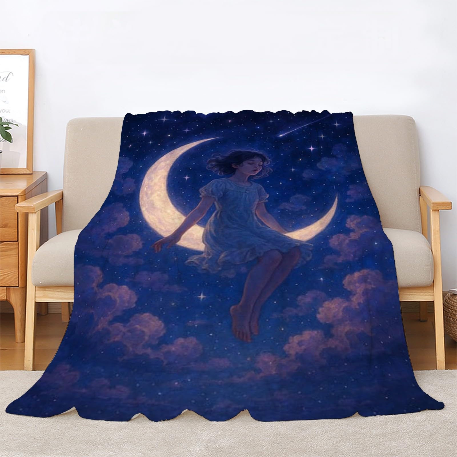 Generico Koc w kratę Niebieskie niebo podwójne łóżko gwiaździste niebo, koc 3D, dziewczyna 180 x 200 cm ciepły i miękki koc flanelowy, koce w kratę z polaru na łóżko sofę narzuta na łóżko i pokrowiec