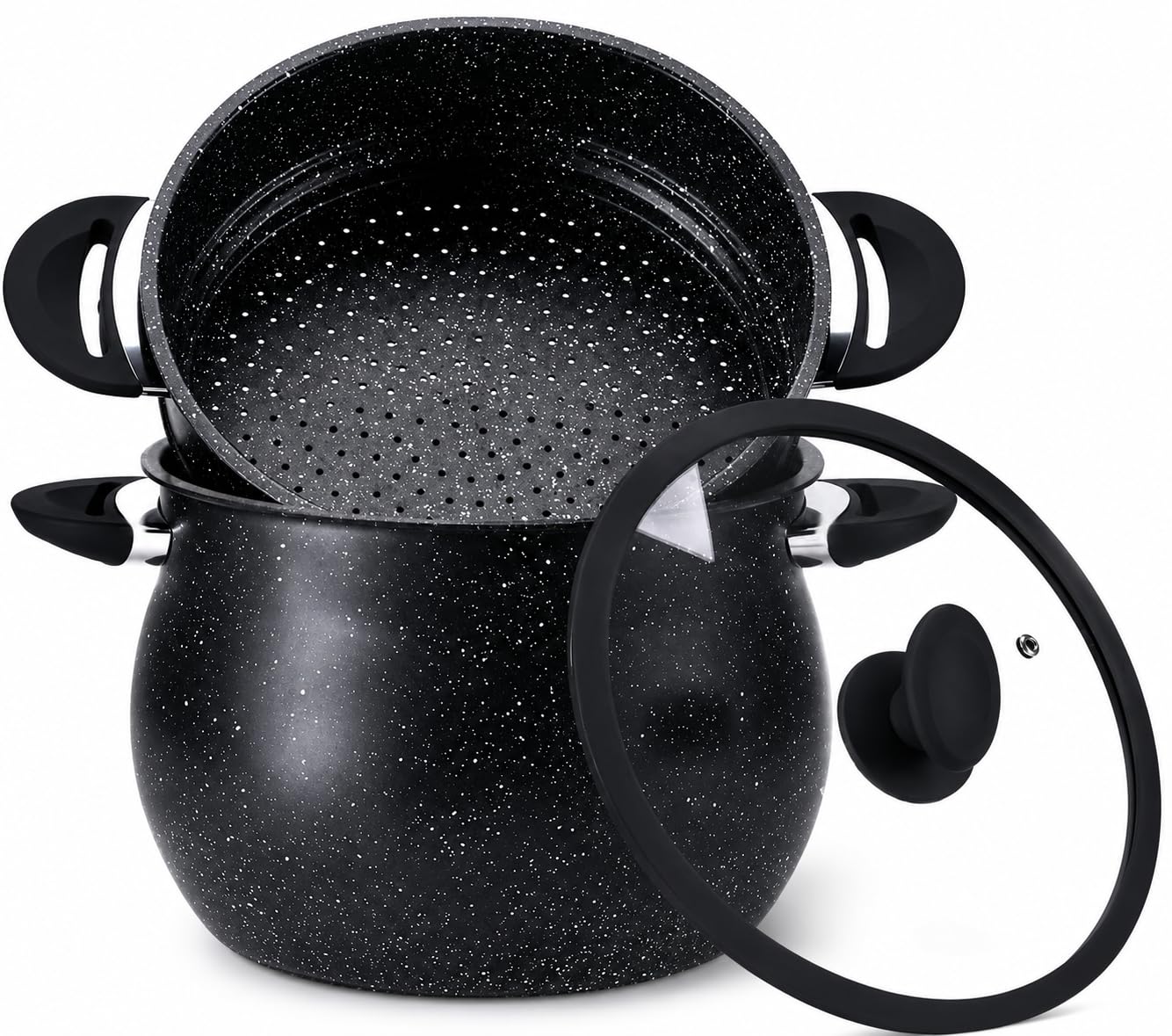 Royal Swiss Couscous Maker Diameter 30 cm – 14L with Glass Lid – Non-Stick Stone Coating – Black Aluminium – Suitable for All Heat Sources Including Induction – Steamer for Couscous & Vegetables (14L)