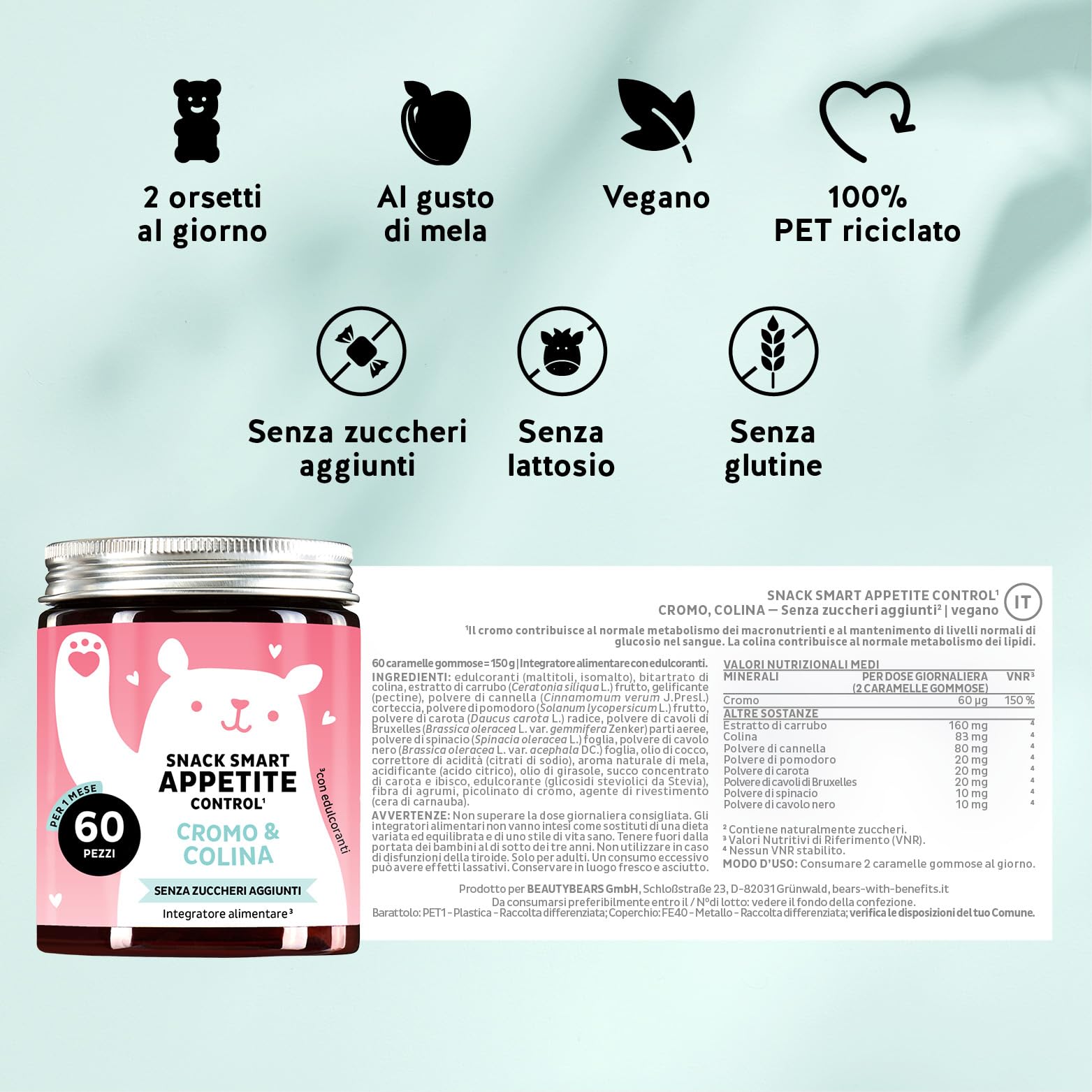 Snack Smart - Caramelle Gommose Controllo dell'Appetito - Multivitaminico, Con Cromo Picolinato e Colina - Senza Zuccheri Aggiunti, Vegano - 60 pezzi (1mese) - Bears with Benefits
