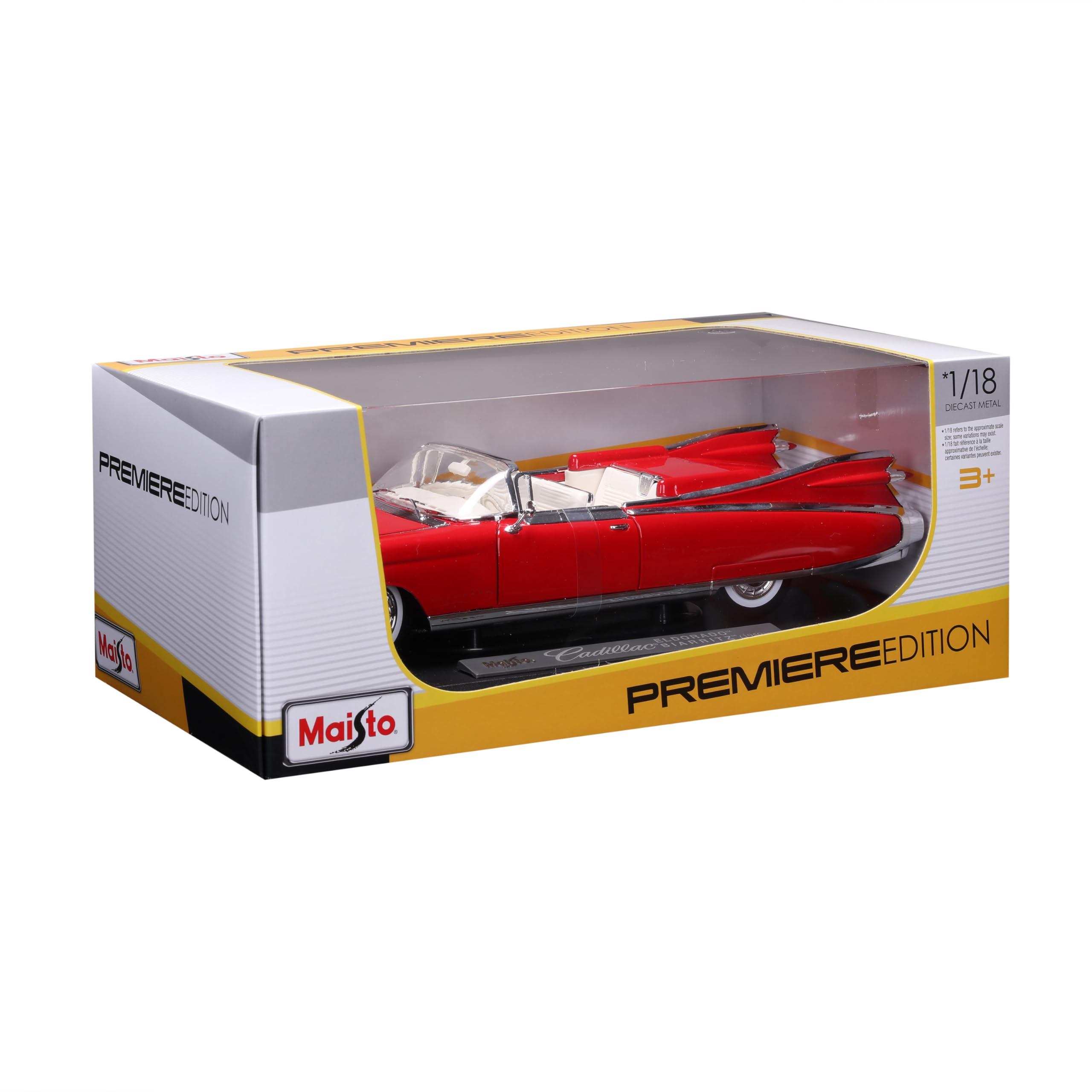 MAISTO Cadillac Eldorado Biarritz Cabrio`59, Rojo y Blanco, Premier Edition – Modelo de Coche 1:18, Fiel Coche de coleccionista con Puertas móviles y Campana, a Partir de 3 años (536813R)