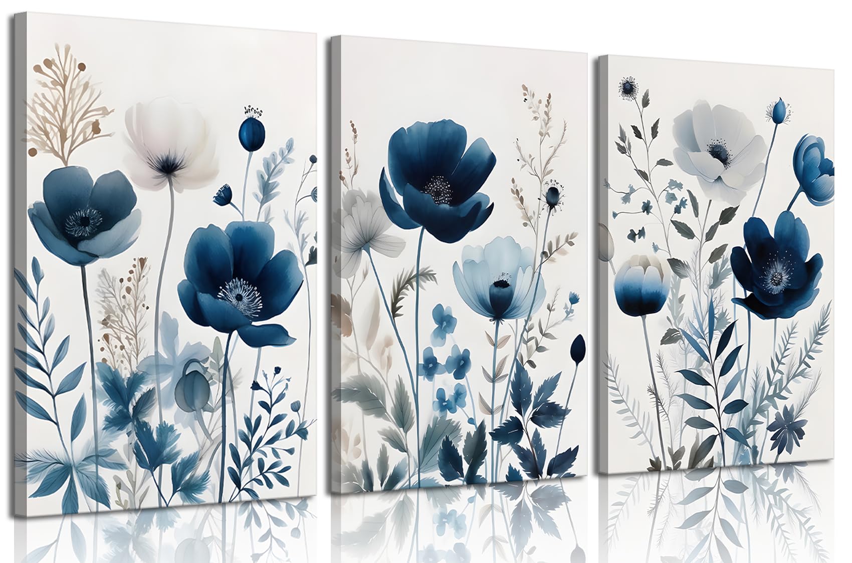 3Pcs Flower Canvas Wall Art Navy Blue Wildflower Wall Decor Pictures Modern Watercolor Boho Botanical Floral Posters Prints for Bedroom Living Room
