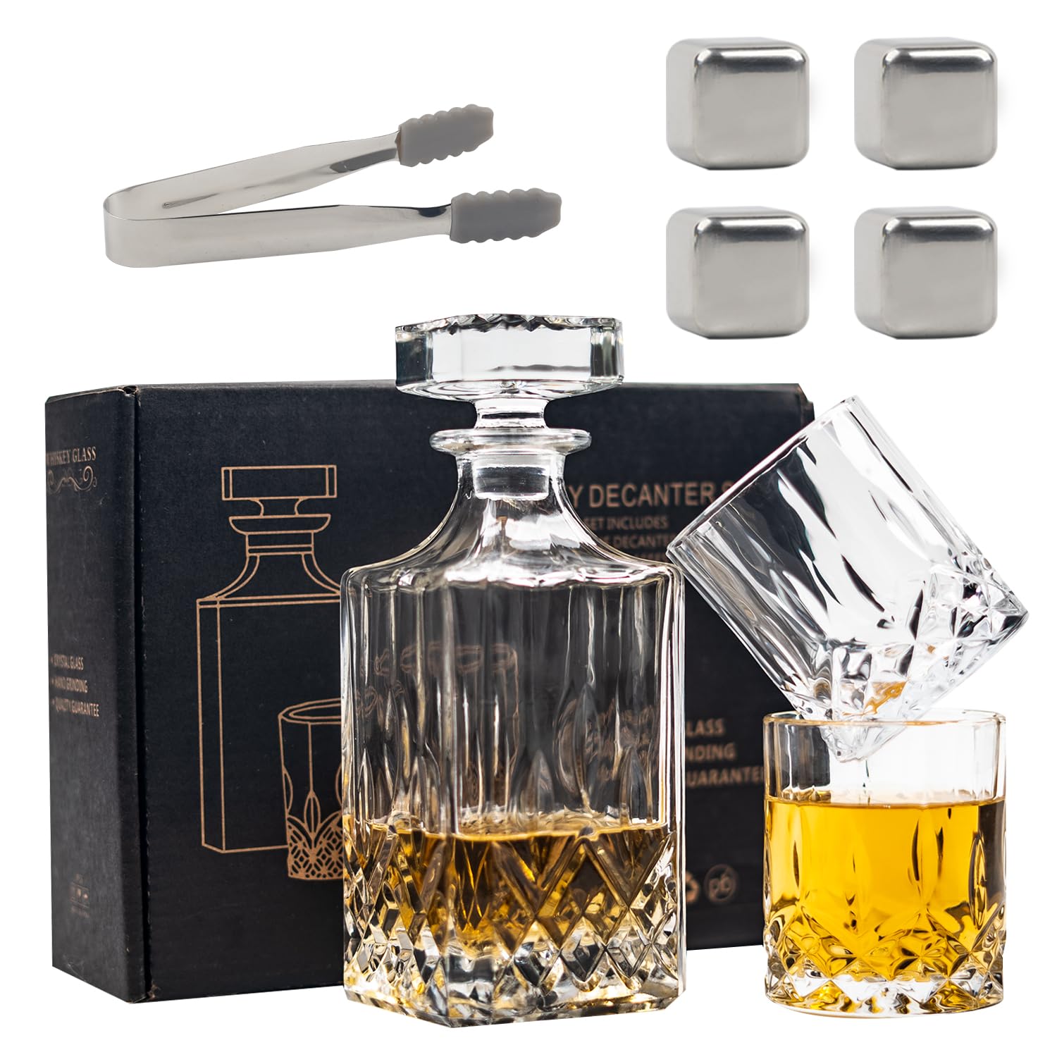 Ensemble carafe à whisky et verres à whisky, carafe à décanter en cristal, carafe à whisky classique, coffret cadeau à whisky pour homme, avec 4 pierres à whisky, 1 pince, 2 verres à whisky