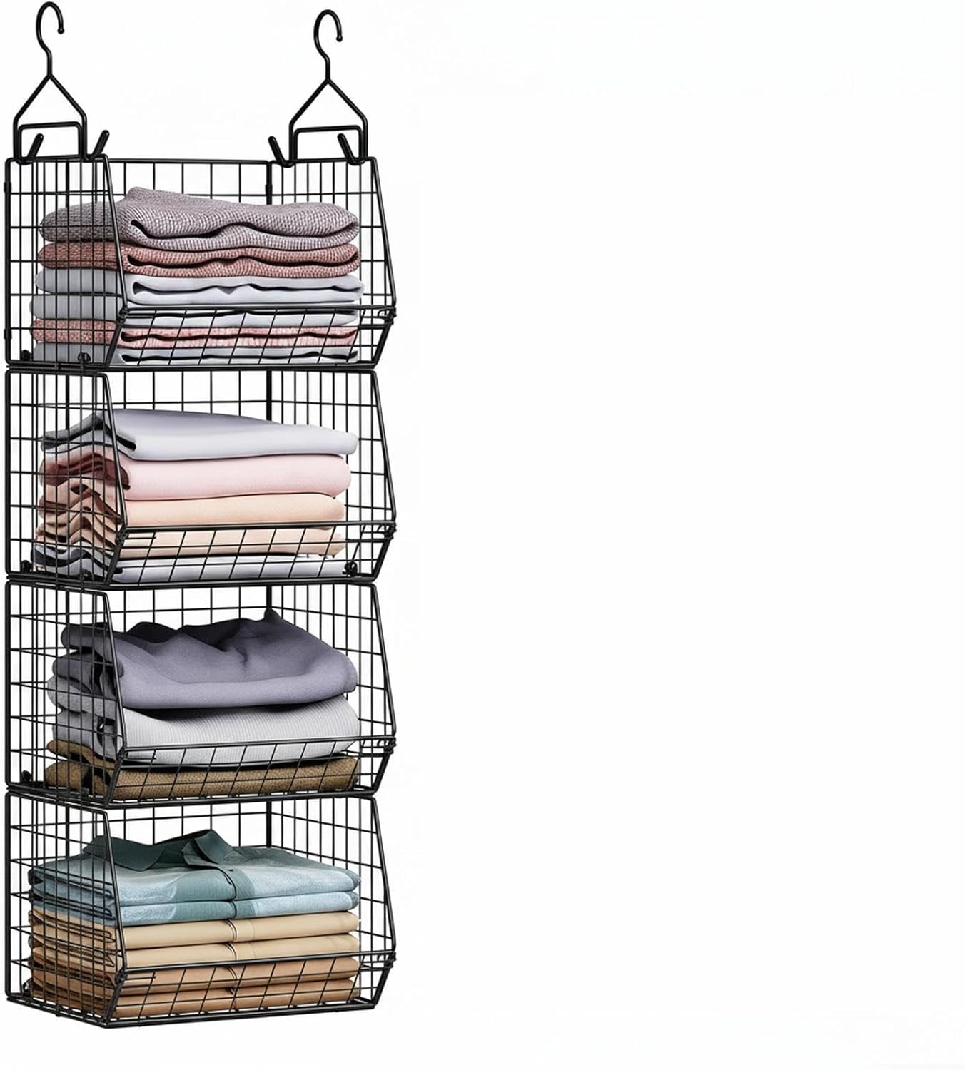 HUIN 4 Tier Metal Closet Hanging Organizer with 5 S Hooks Foldable Wire Baskets Freestanding Wall Mounted Storage for Clothing Shoes Handbags