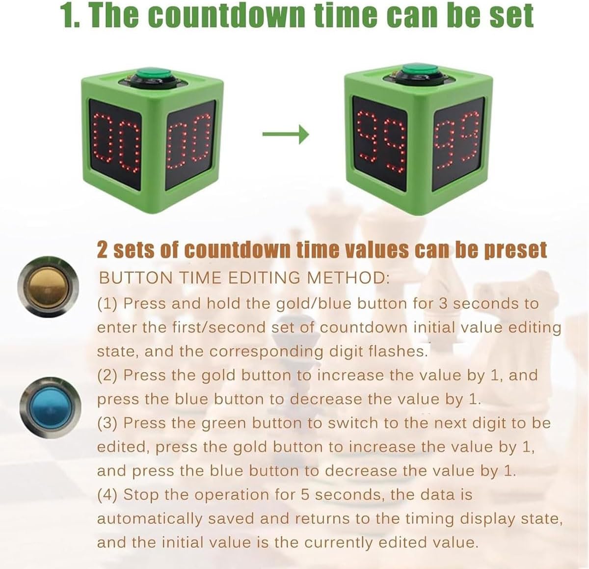Poker Shot Clock,4-Sides Cube Timer,Seconds Countdown Timer, 20/30 Sec and Custom Time, Brightness Adjustable & Character Height 1.4inch, for Poker, Chess Tournament, Table Games(Green)
