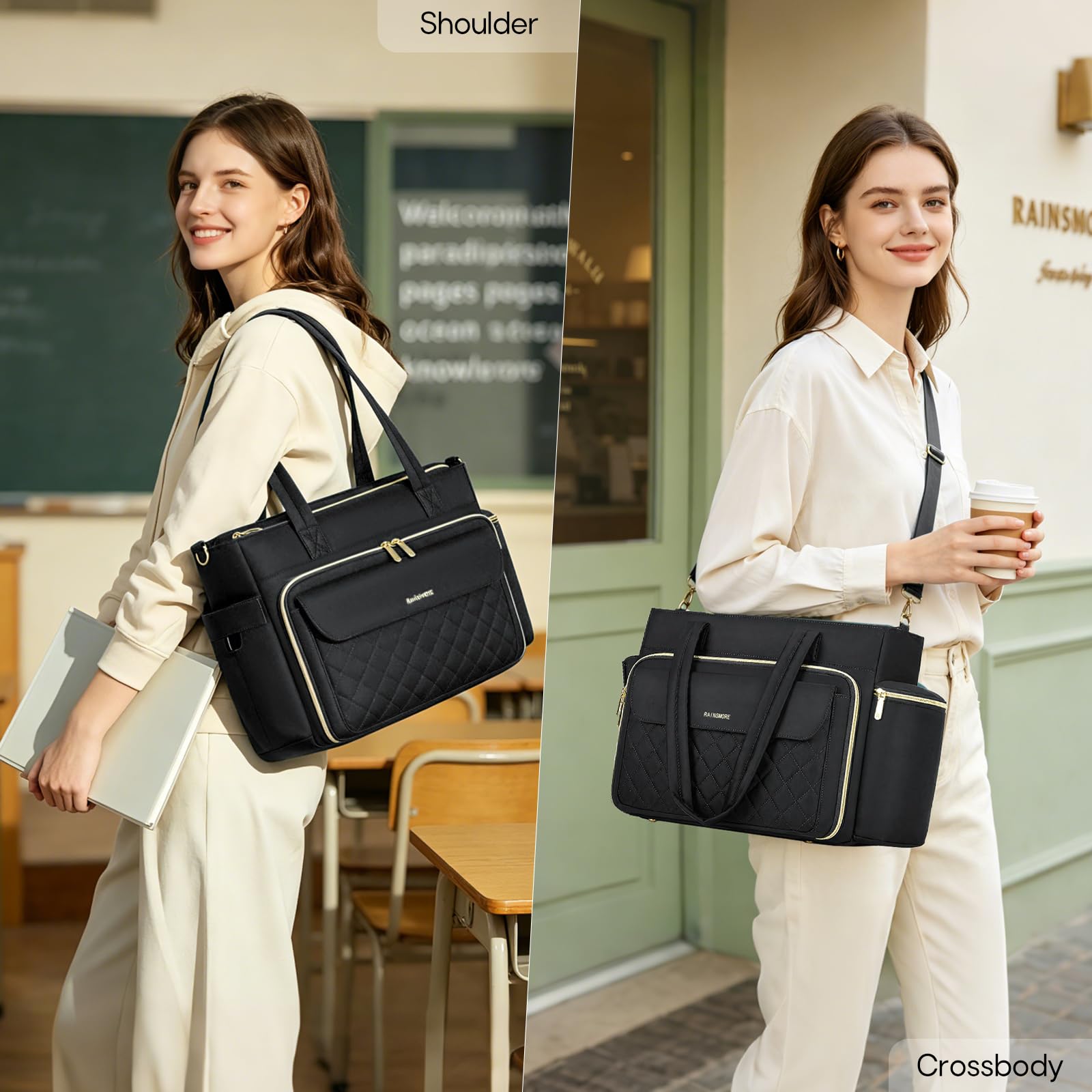 RAINSMORE Lehrertasche Damen Groß Laptoptasche, 15,6 Zoll, Schwarz | Arbeitstasche Isolierfach und Groß Getränkehalter, 3 Fächer, Abnehmbarer Schultergurt, Für Büro Uni Reisen