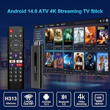 Android TV Stick 4K 2GB 16GB ROM H313 Quad-Core 64bit WiFi5 Dual 2.4G/5G WiFi HDR10+ HD Smart TV Stick Box