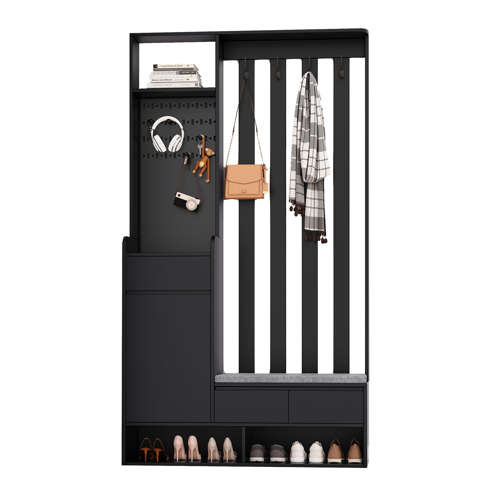 Multifunktionaler Flur-Schuhschrank mit Stecktafel,Flurgarderobe mit gepolsterter Aufbewahrungsbank,Moderne Garderobe mit 4 Haken für Eingangsbereich, Waschküche,H180/B100/T35 cm (Schwarz)