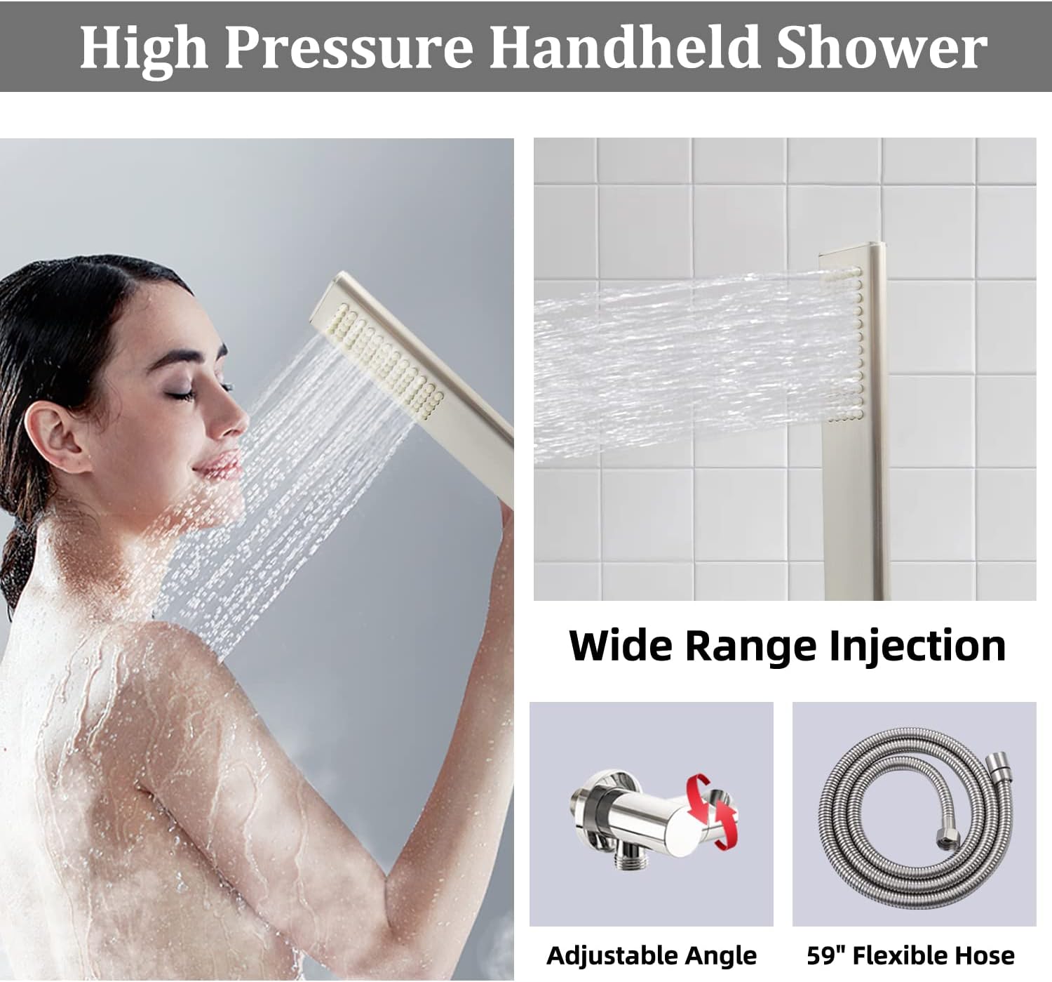 All Metal Thermostatic Shower System: Complete Wall Mount Rain Shower Head, Handheld Spray, and Tub Spout Faucet Set in Brushed Nickel