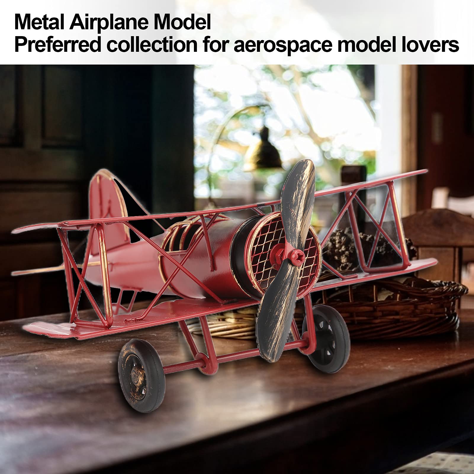 Modello di Aeroplano in Metallo Vintage - Biplano in Metallo Modello di Aeroplano con Dettagli Artigianali per Casa e Ufficio Giocattolo Educativo per la Scrivania 21 x 19 x 9CM