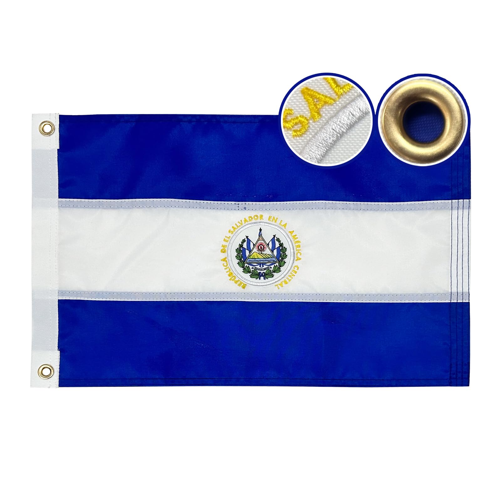 Embroidered El Salvador Flag 12x18 inches for Boat, Vivid Color Small El Salvadoran Flags with 2 Brass Grommets Nautical Outdoor — image 1