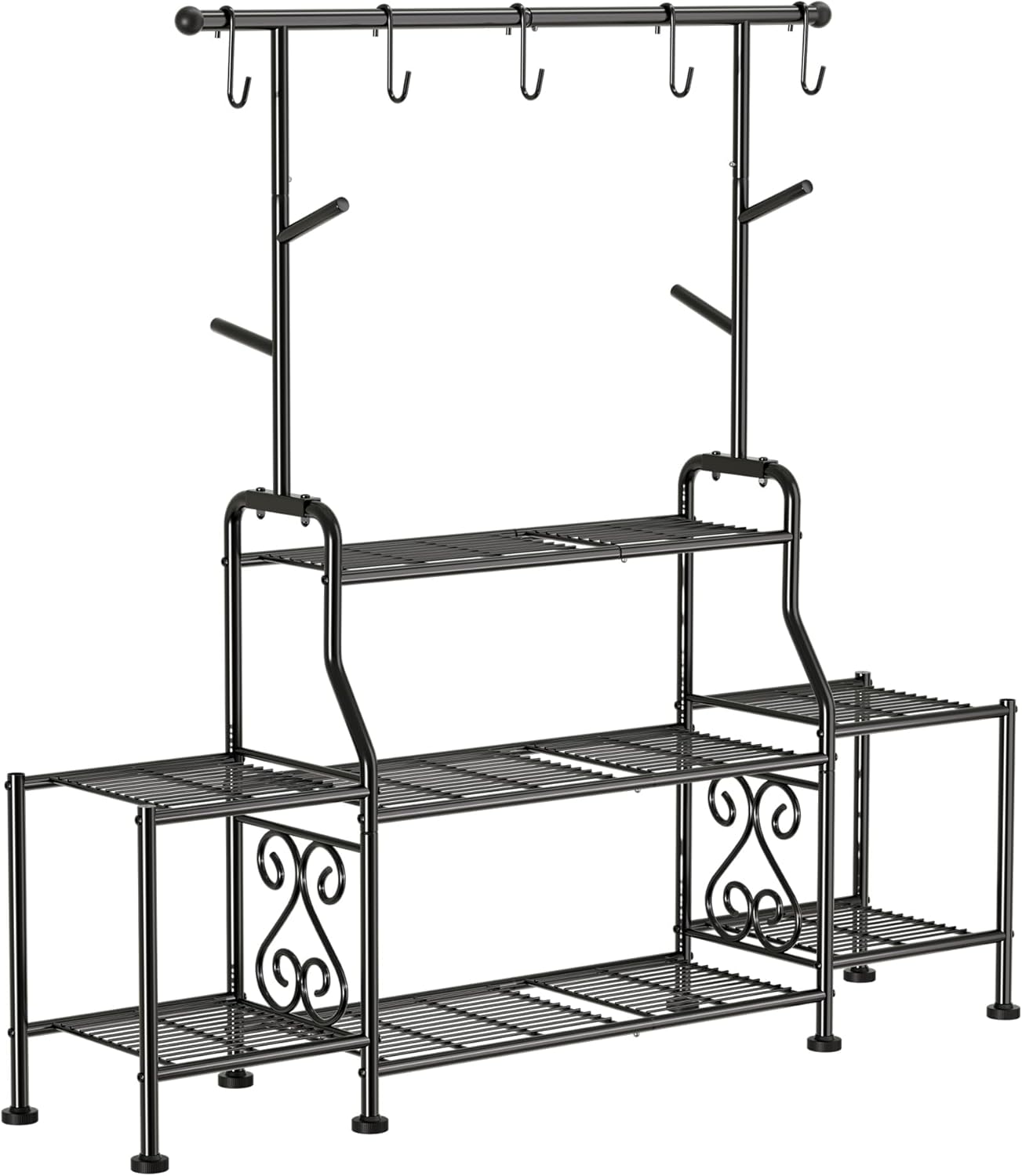 GIOTORENT 3-Tier Tall Metal Plant Stand Indoor Outdoor - Heavy Duty Plant Shelf for Garden, Patio, Balcony with 5 Hanging Hooks, Holds 16-25 Plants, Black