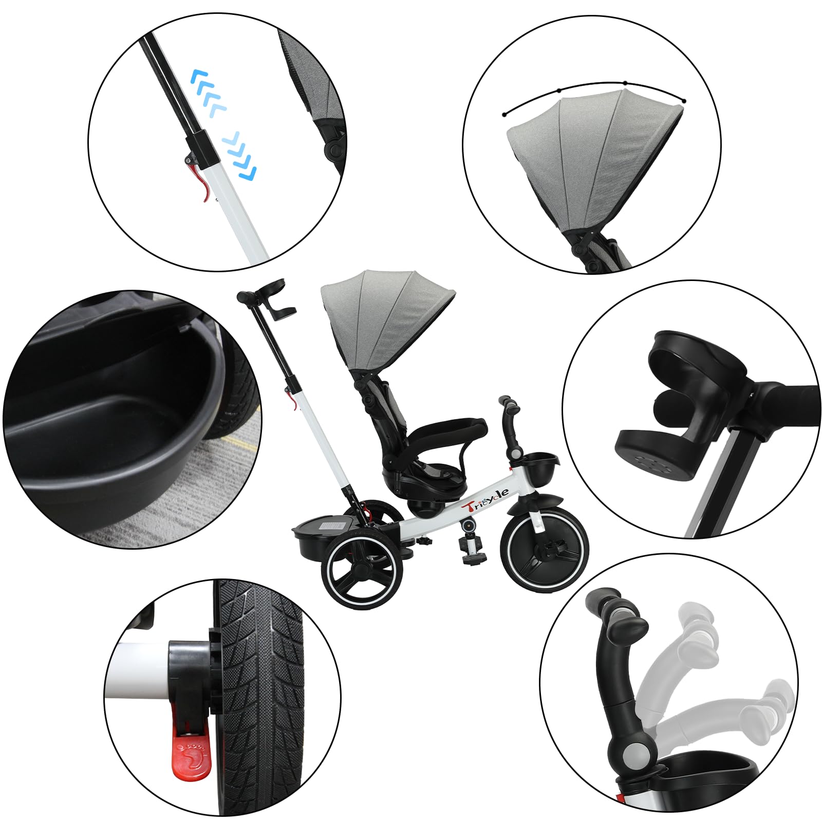 UBRAVOO Baby Dreirad, 6-in-1-Baby-Push-Bike-Lenk-Kinderwagen, lernendes Kleinkind-Fahrrad/abnehmbare Leitplanke, verstellbares Verdeck, Sicherheitsgurt, Stoßdämpfungsdesign