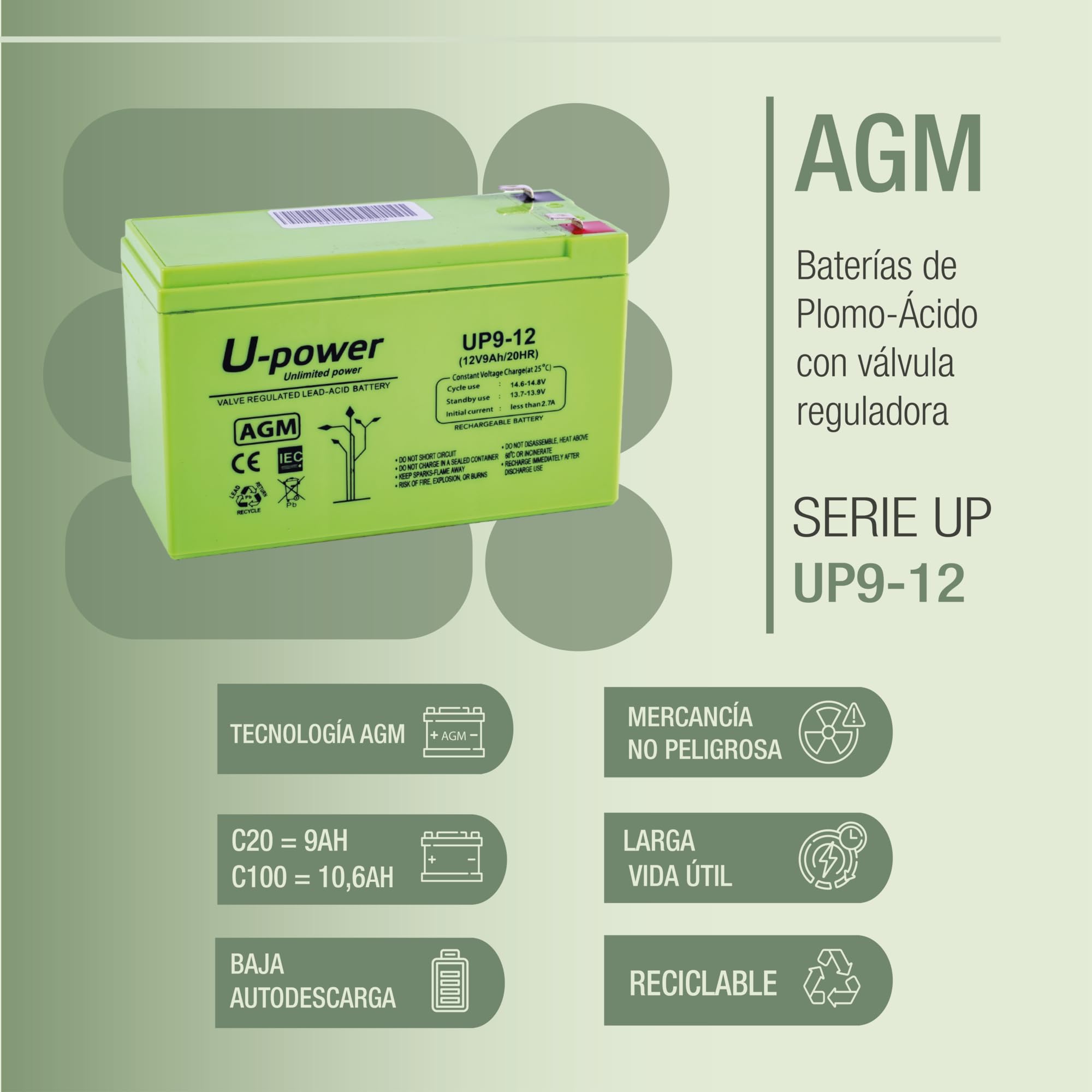 U-Power Batería AGM 12V 9Ah – Sellada Recargable Plomo-Ácido VRLA – para Alarmas, SAI/UPS, Seguridad, Juguetes Eléctricos y Más – Terminal Faston F2 (6.3 mm)
