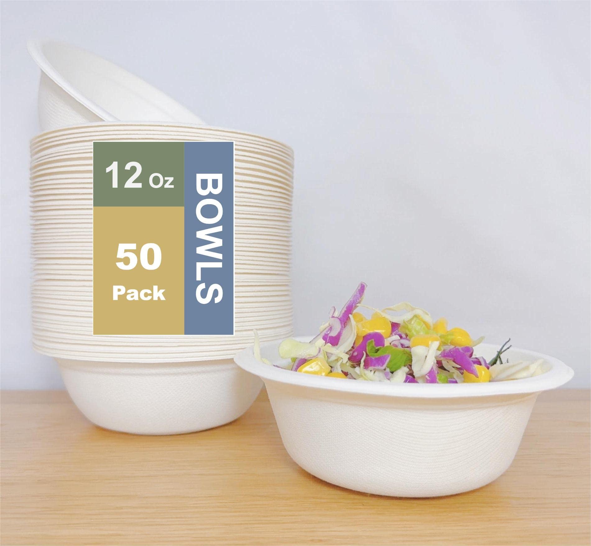 [12-Ounces (350ml), 50-Pcs] 100% Compostable Paper Disposable Bowls, Made of Bagasse Fibers, Eco-Friendly and Biodegradable, For Salad, Snake, Dessert