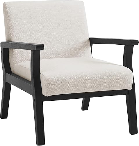 Silla decorativa moderna de mediados de siglo, sillón tapizado de lino con marco de madera negra, silla de granja, silla de esquina interior para