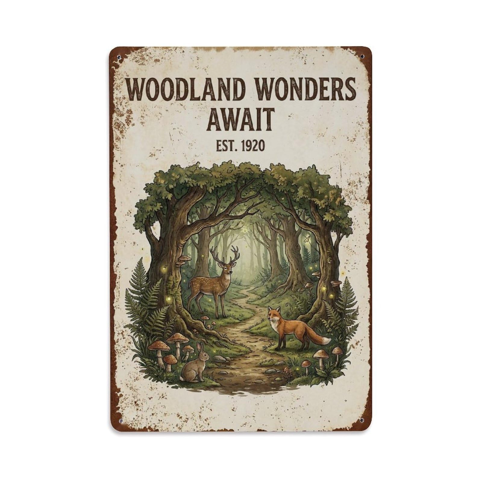 Okngb Style Whimsical Botanical Saying Wonders Await Forest Vintage Metal Tin Sign Plaque Wall Decor For Cafe, Man Cave, Club Bar, Office, Home Garden Round Metal Poster 8X12inch
