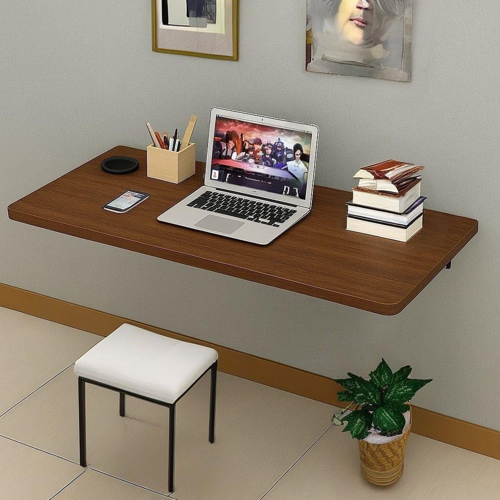 Wood Wall Mounted Foldable Study Table | Folding Round Corner Wall Mount Desk | Wall Table Foldable (Walnut),(18"-31" Inch)-image-0