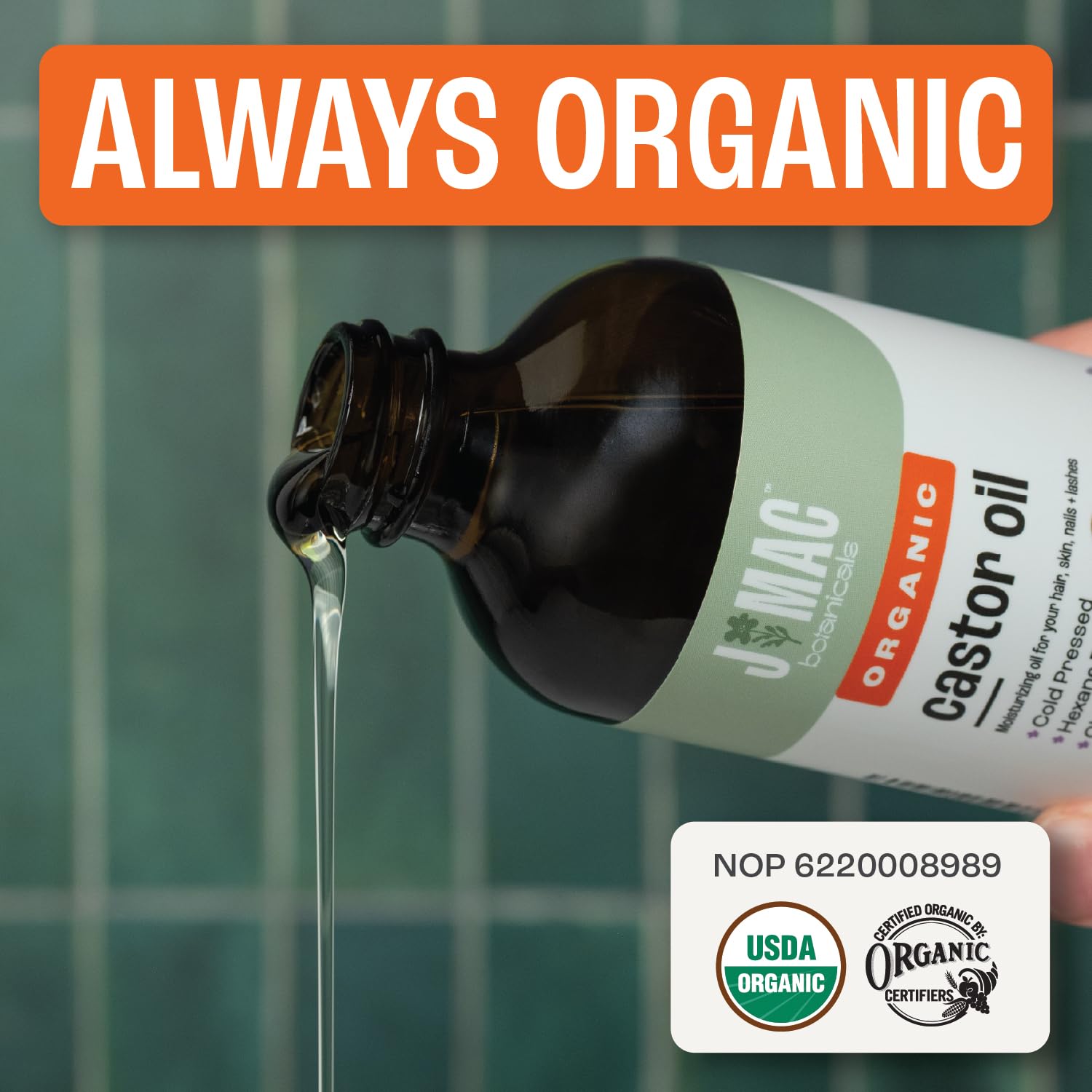 J MAC BOTANICALS Organiczny olej rycynowy tłoczony na zimno (szklana butelka, 8 uncji, bez zakraplaczy), czysty olej rycynowy, bez heksanu, olej rycynowy do twarzy, skóry, olej rycynowy do rzęs