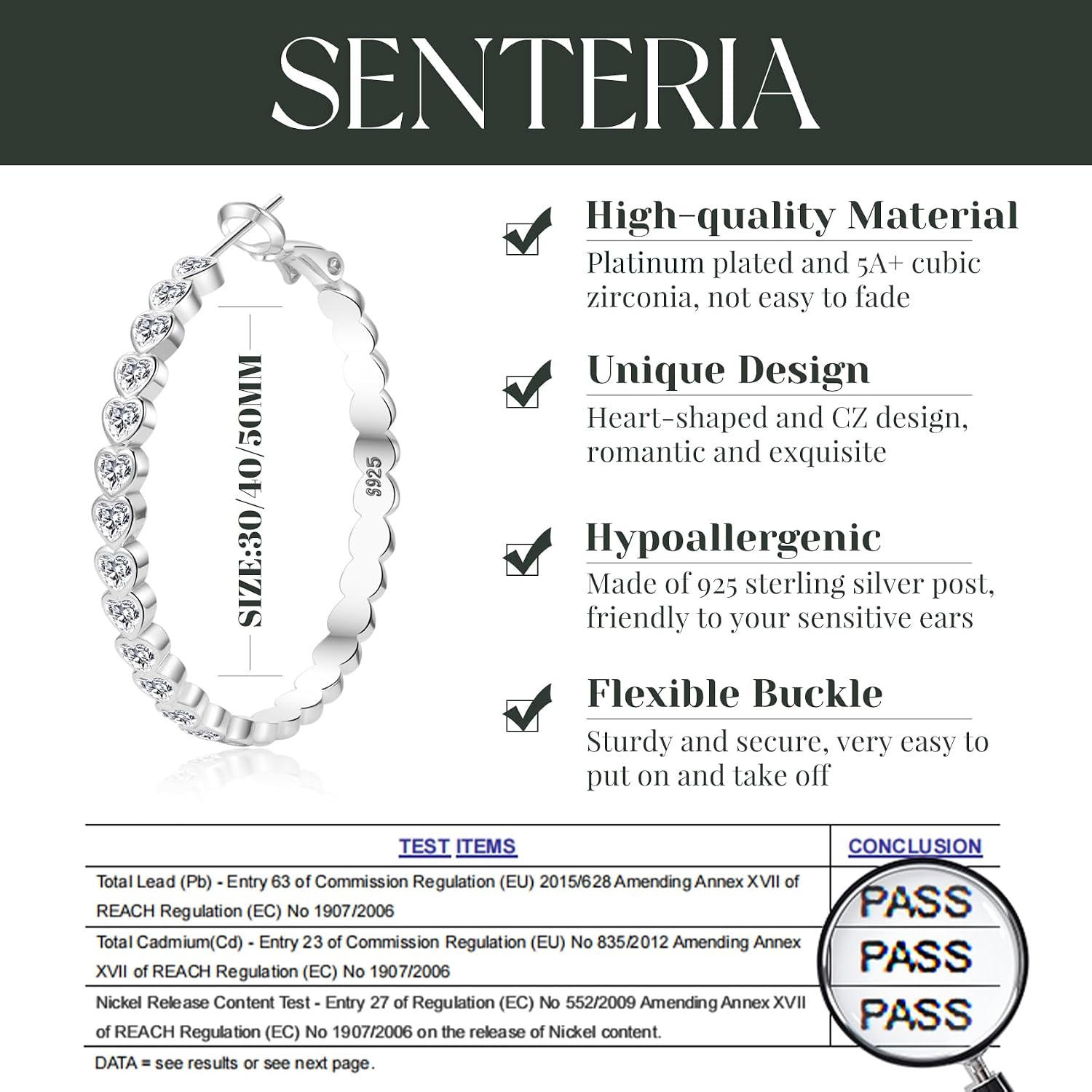 Senteria 925 Sterling Silver Hoop Earrings Hypoallergenic Lightweight Silver Hoops Earrings for Women Cubic Zirconia Large Heart Hoop Earrings 30/40/50MM