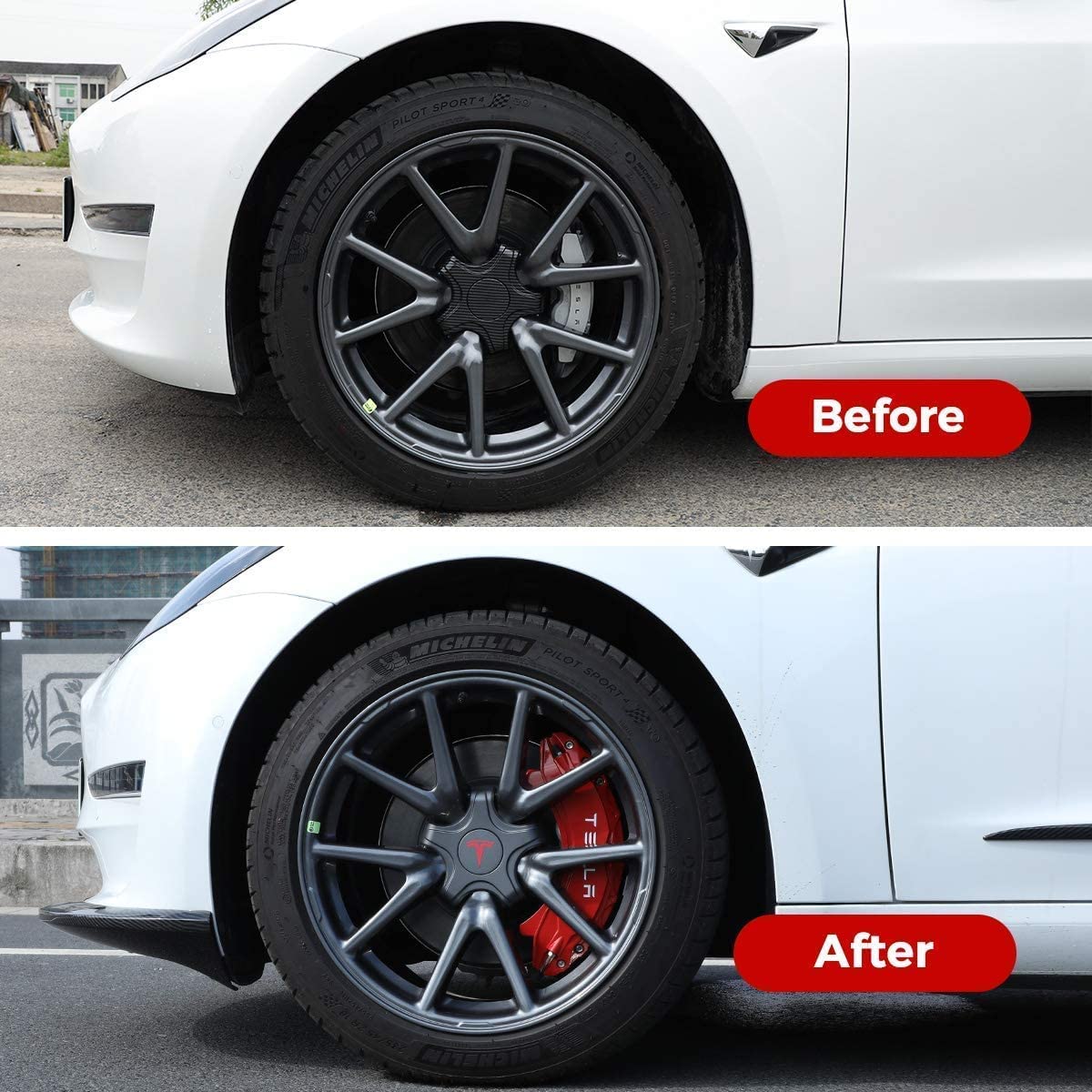 GRFIT 4 Pezzi Copri Pinza Freno per Auto per Tesla Model 3 2016-2022 Copri Pinza Freno in Lega di Alluminio Personalizzato, Freno Ruota Auto Copri Pinza Freno Durevole,18inches-Rosso