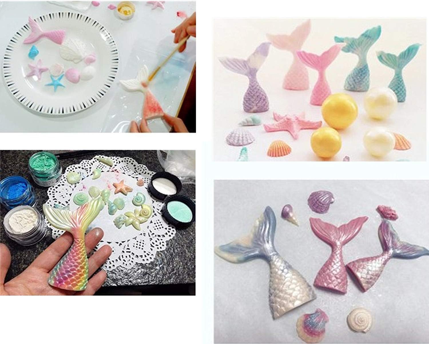 Mermaid Silicone Mold Set - Including Mermaid Tail Mold (large+small), Seashell mold(large+small), Starfish mold, Hippocampus mold Silicone Fondant Mold for Decorating Cakes, Chocolate, Candy (6 Pack)