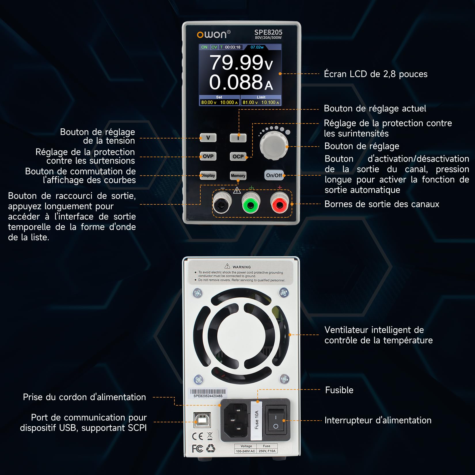 OWON SPE8205 Alimentation CC programmable (0-80 V 0-20 A), Puissance de Sortie 500 W, Ensemble d'alimentation de Banc résolution 10 mV/1 mA, Alimentation CC avec Sortie Stable