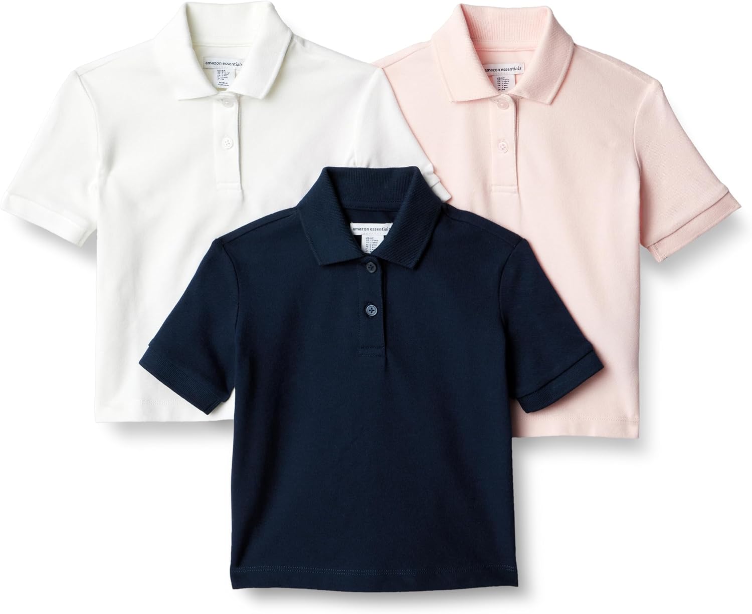Amazon Essentials Toddler and Baby Girls' Cotton Spandex Polo Shirt, Breathable Stretch Pique Knit, Pack of 3