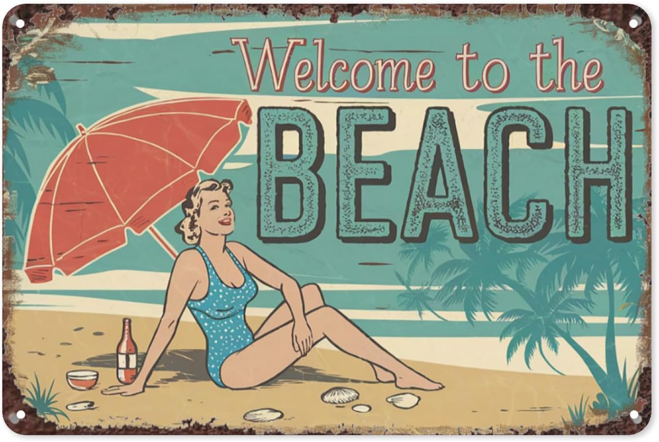 SMAZDFXX Welcome to Beach Decor Pool Decorations Retro Tin Sign Vintage Metal Wall for Poolside House Summer Theme Fun Art Poster 12"x16"
