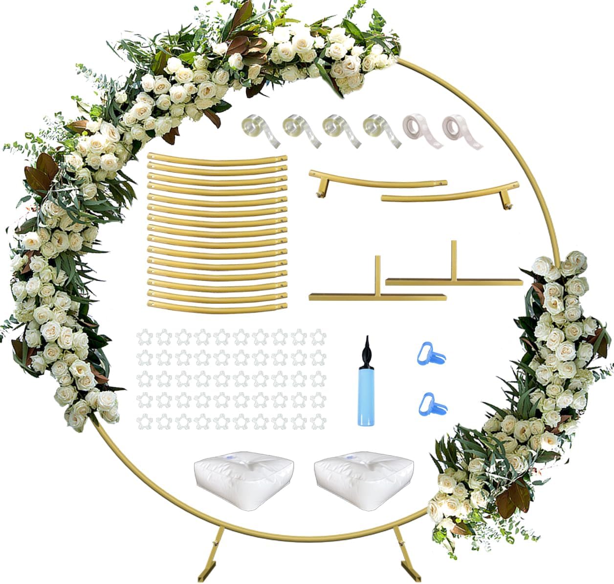 Queension Large Wedding Arch for Ceremony 7 Ft, Metal Balloon Arches Backdrop Stand with Metal Base for Party Supplies, Outdoor Garden Trellis with Water Bag for Climbing Plant, Round Frame, Gold