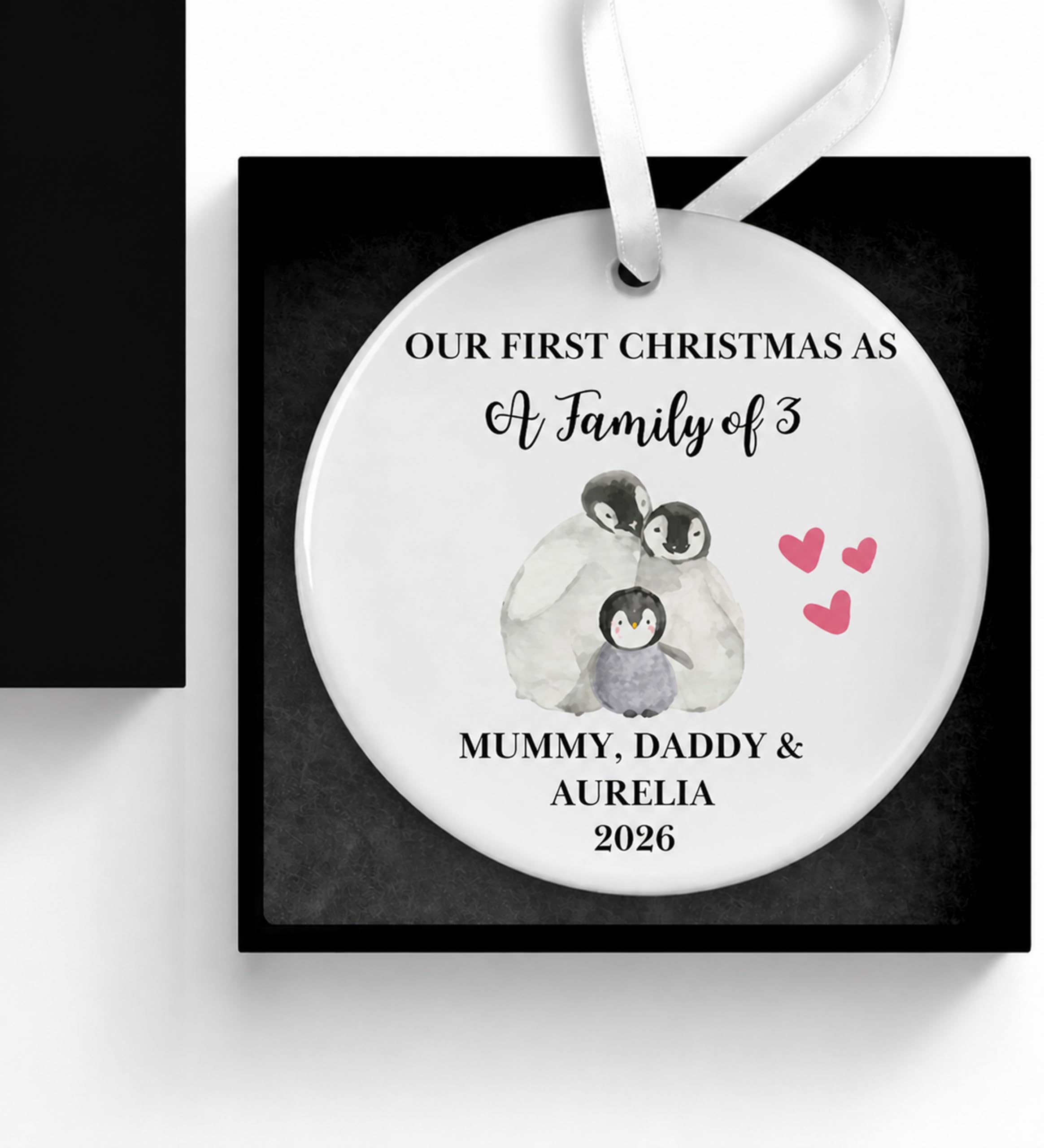 Personalised First Christmas Bauble for Family of 3, New Parents Keepsake, Baby's 1st Xmas Tree Decoration, Ceramic Hanging Ornament