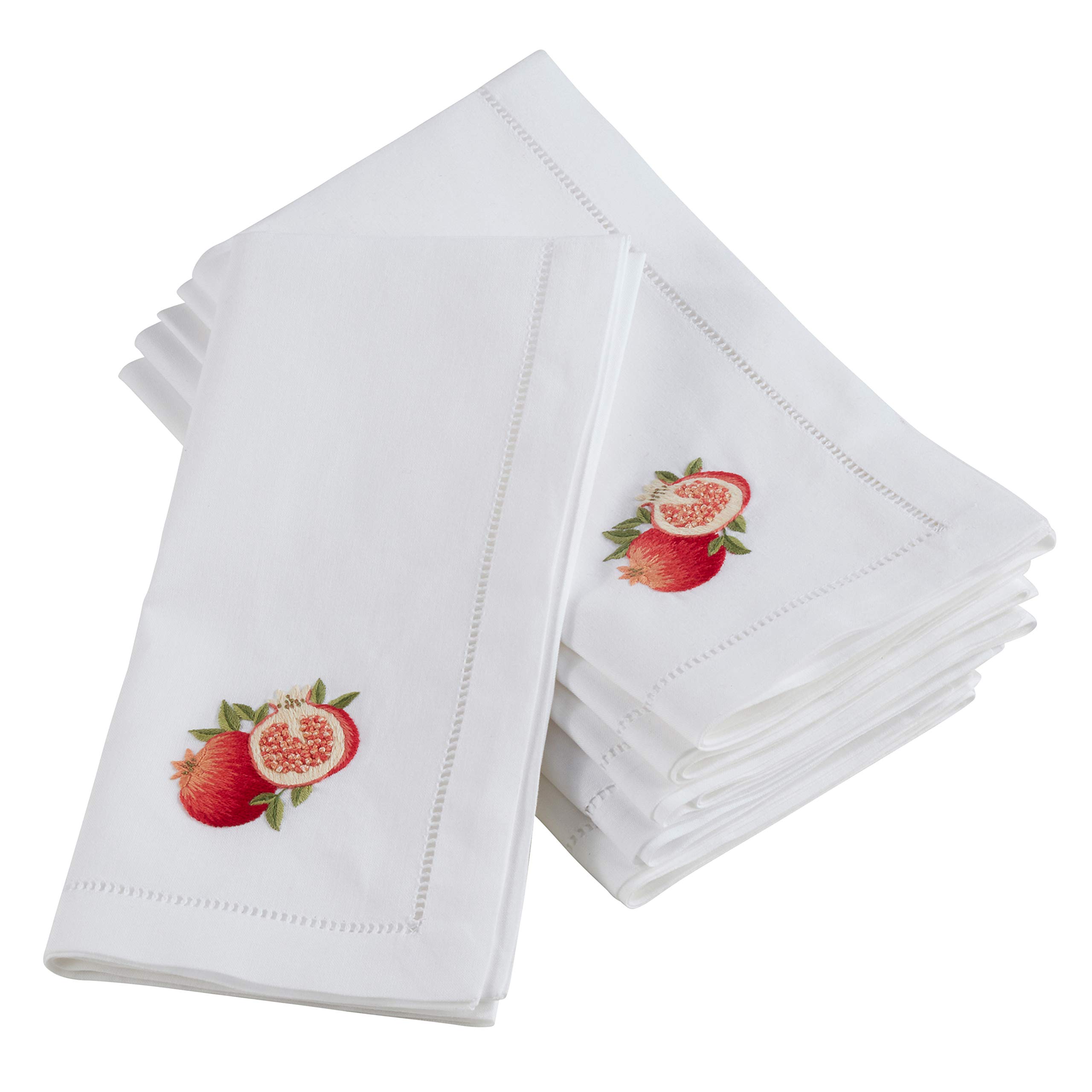 SARO LIFESTYLE NM158.W20S The Broderie Collection Embroidered Pomegranate Hemstitch Cotton Napkins (Set of 6), 100%